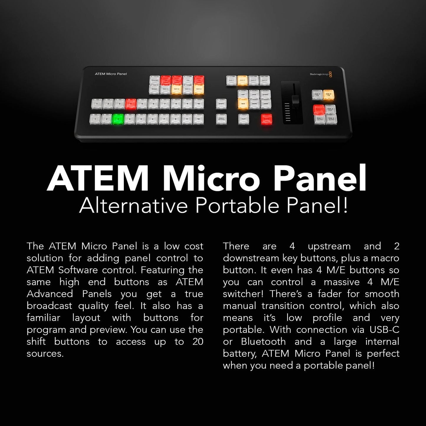 Blackmagic Design ATEM Micro Live Stream Switcher Panel with 50 Tri-Color LED Backlit Buttons Bundle