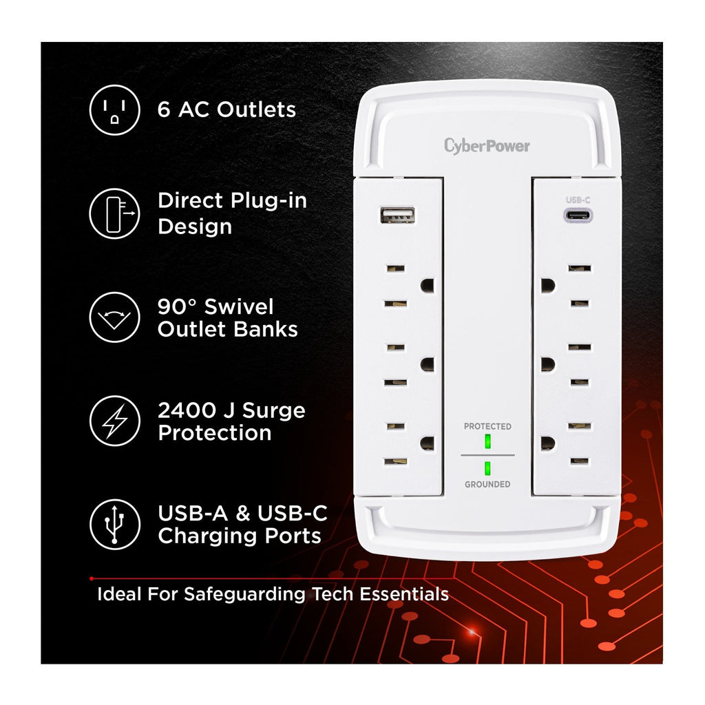 CyberPower CSP6WSUC 2400J Surge Protector with 6 Swivel Outlets & 2 USB Charging Ports
