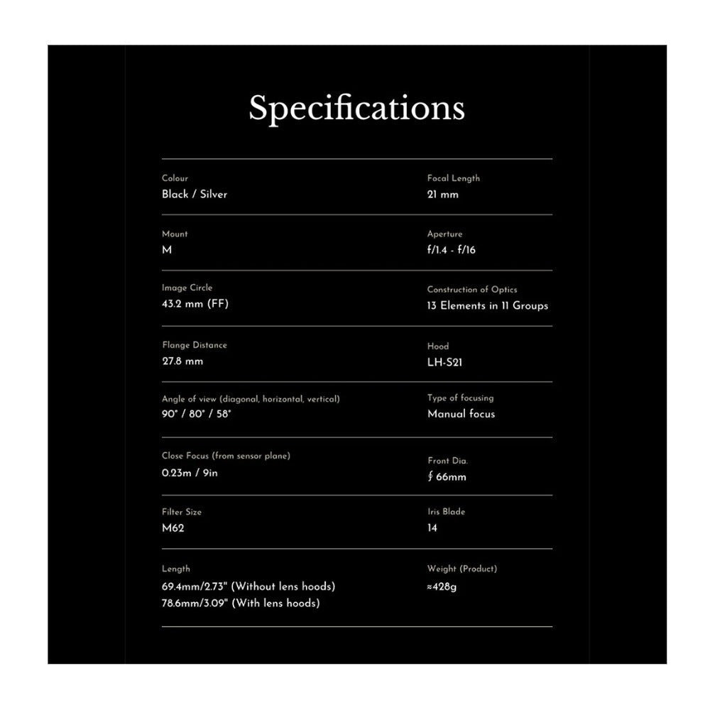 Thypoch Simera 21mm f/1.4 Full-frame Prime Camera Lens with Manual Focus (Leica M Mount, Black)