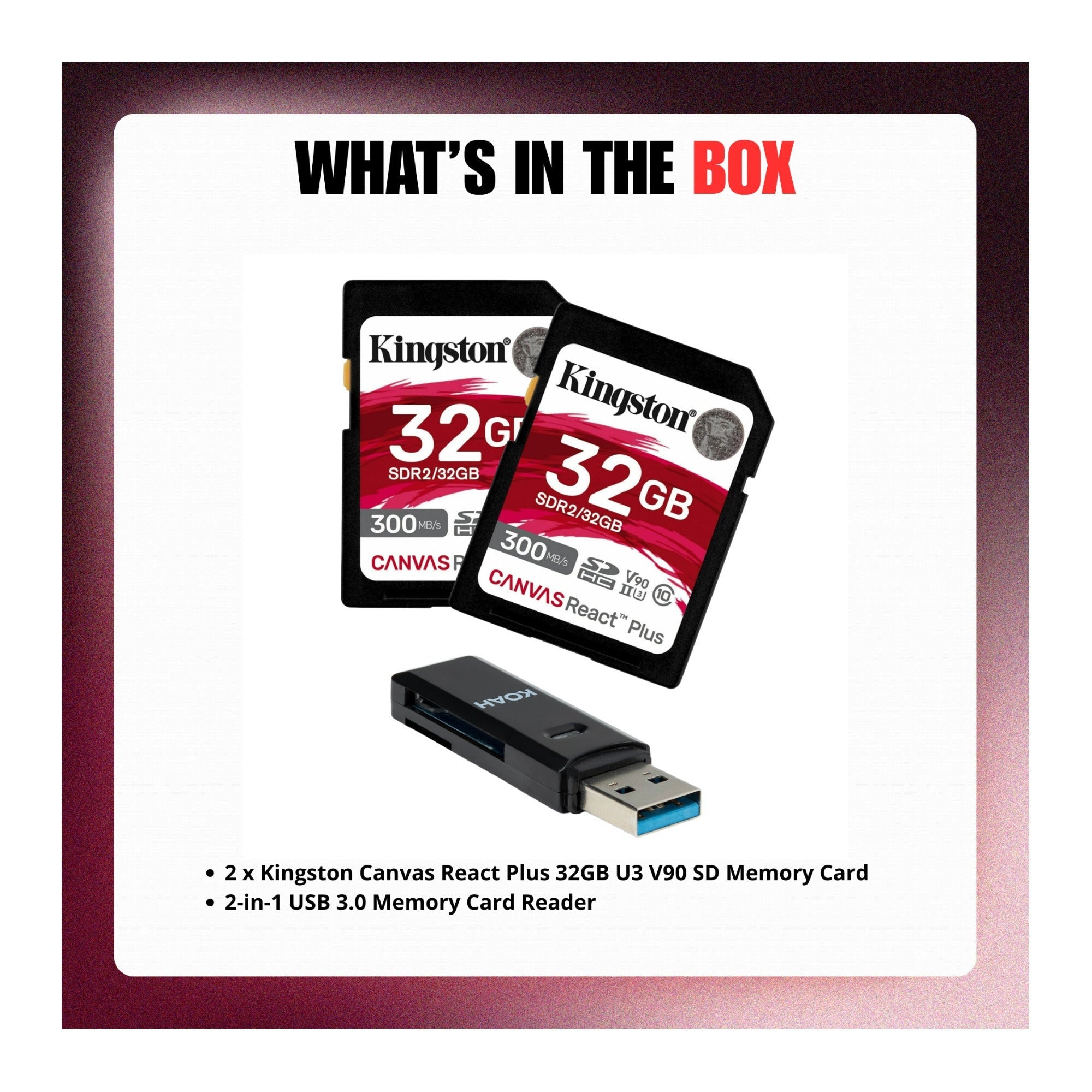 Kingston Canvas React Plus 32GB U3 V90 SD Memory Card with Card Reader Bundle