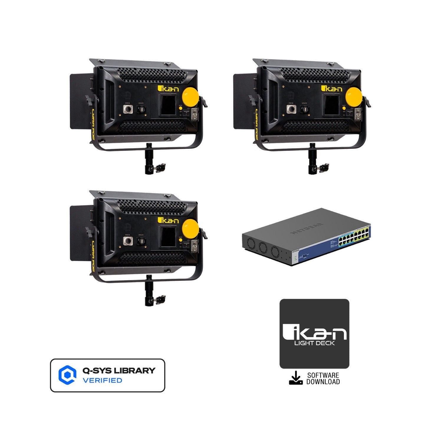 ikan Lyra LBX5-PoE Bi-Color Studio Soft LED Light Panel (Black, Unmanaged Switch 3-Light Kit)