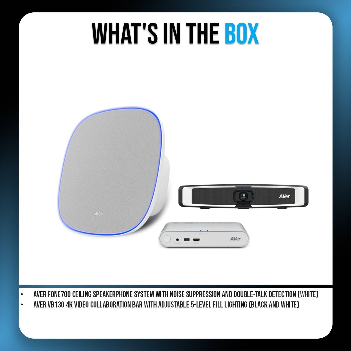 AVer FONE700 Ceiling Speakerphone System with Noise Suppression and VB130 4K Videobar (White) Bundle