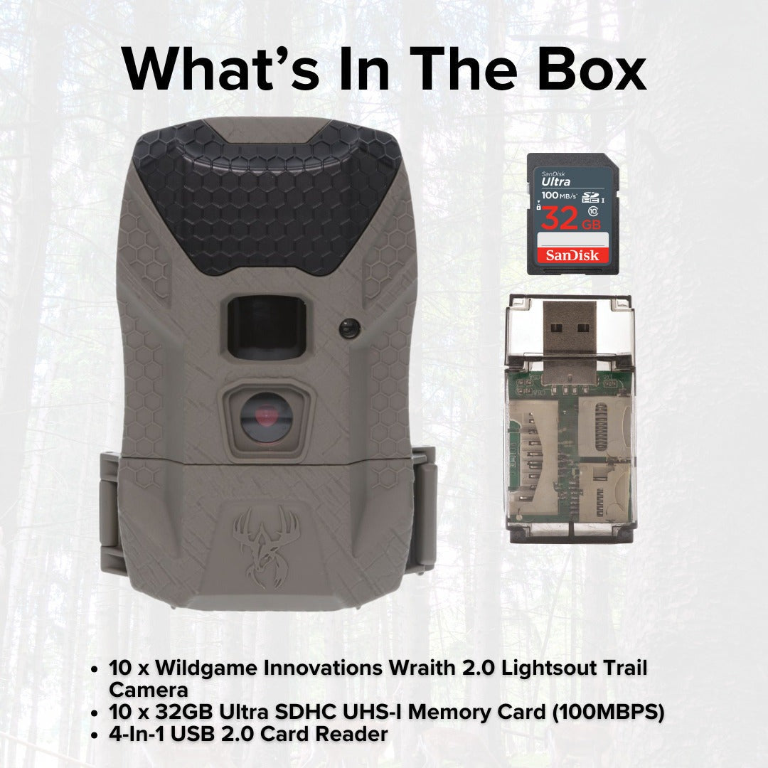 Wildgame Innovations Wraith 2.0 Lightsout Trail Camera with 40 Infrared LEDs (10-Pack) Bundle
