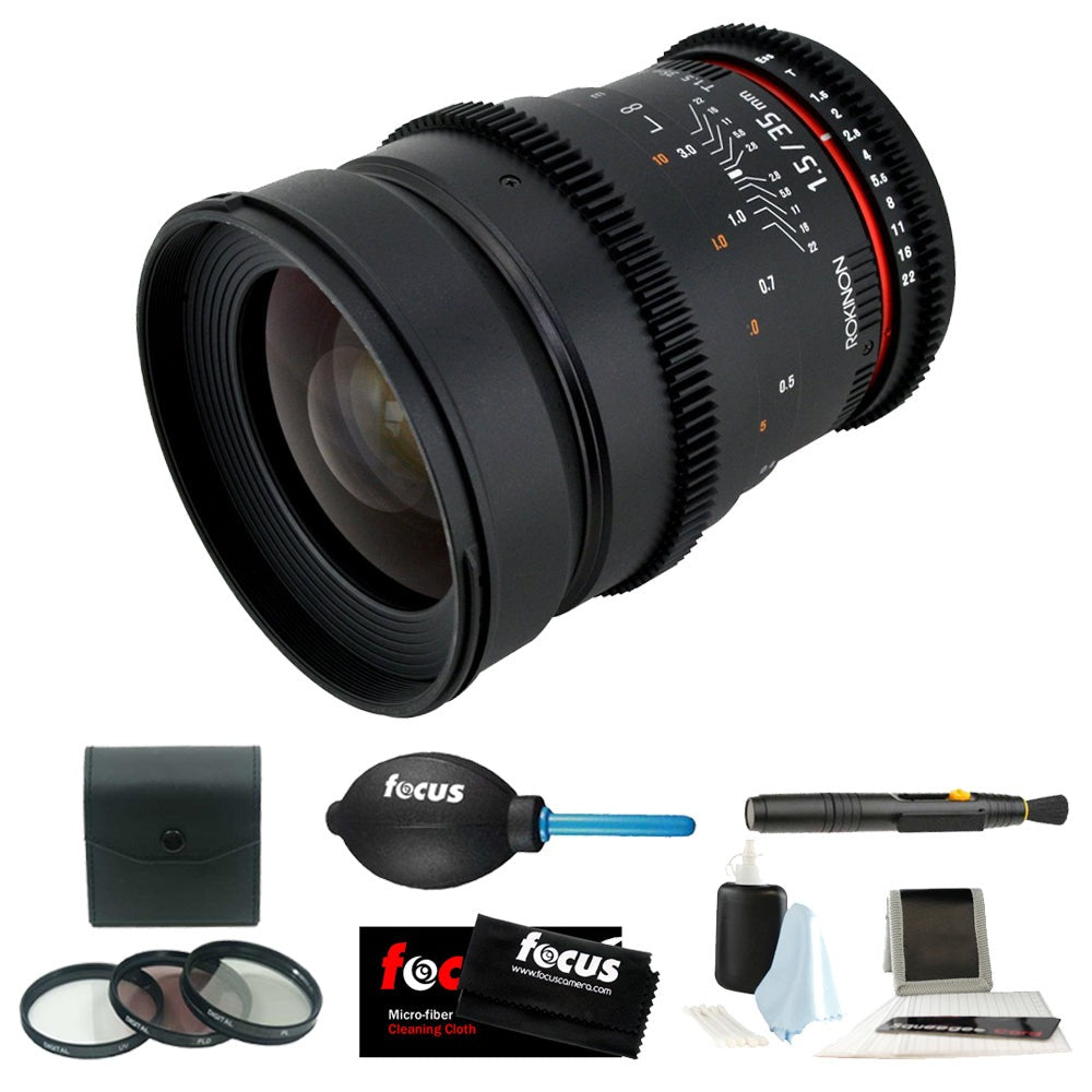 Rokinon 35mm T1.5 Wide Angle Cine Lens for MFT Mount + Accessory Bundle