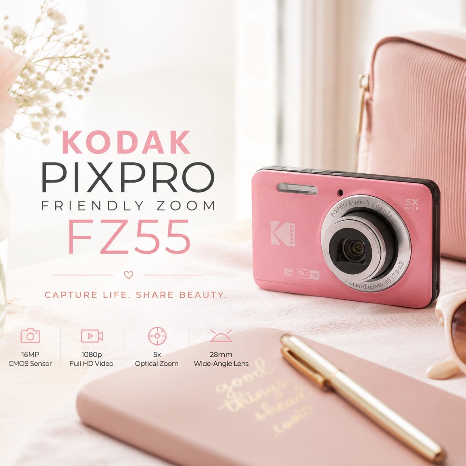 Kodak PixPro Friendly Zoom FZ55 16MP FHD Digital Camera (Pastel Pink) Bundle