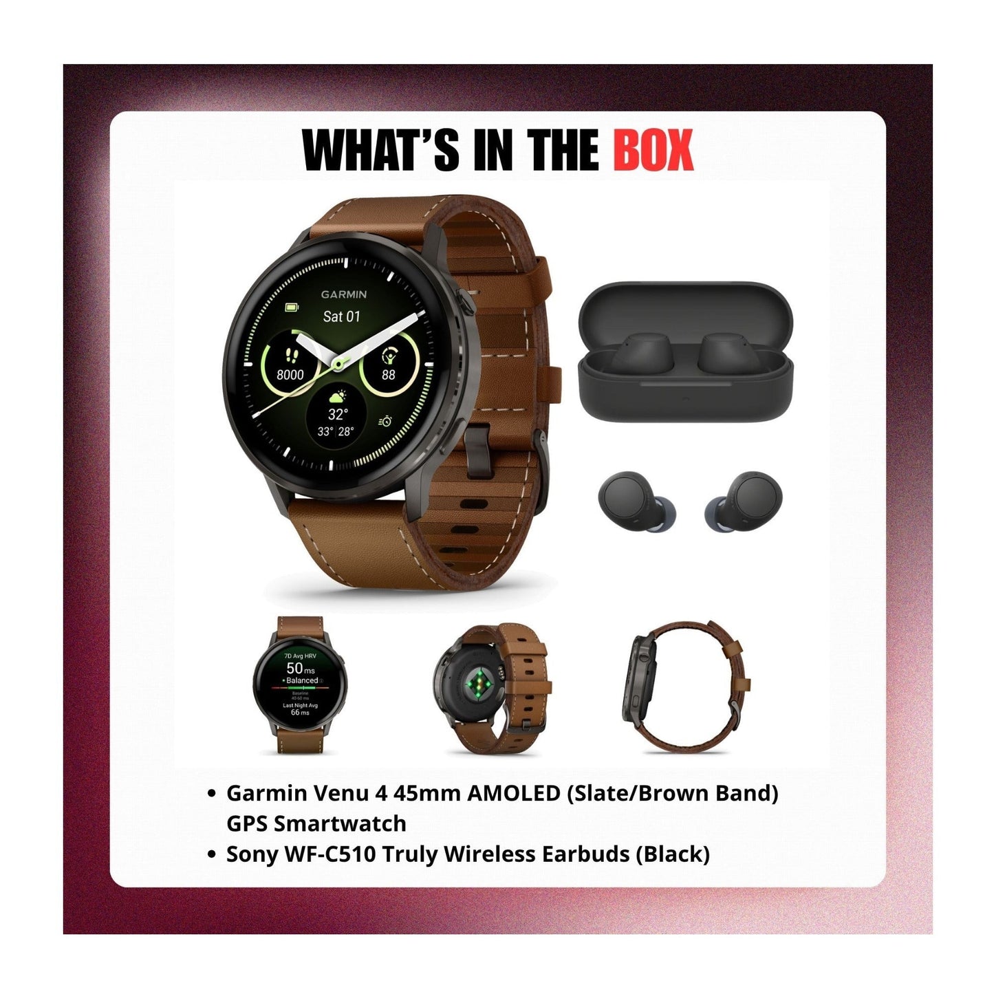 Garmin Venu 4 45mm AMOLED (Slate/Brown) GPS Smartwatch with Earbuds Bundle