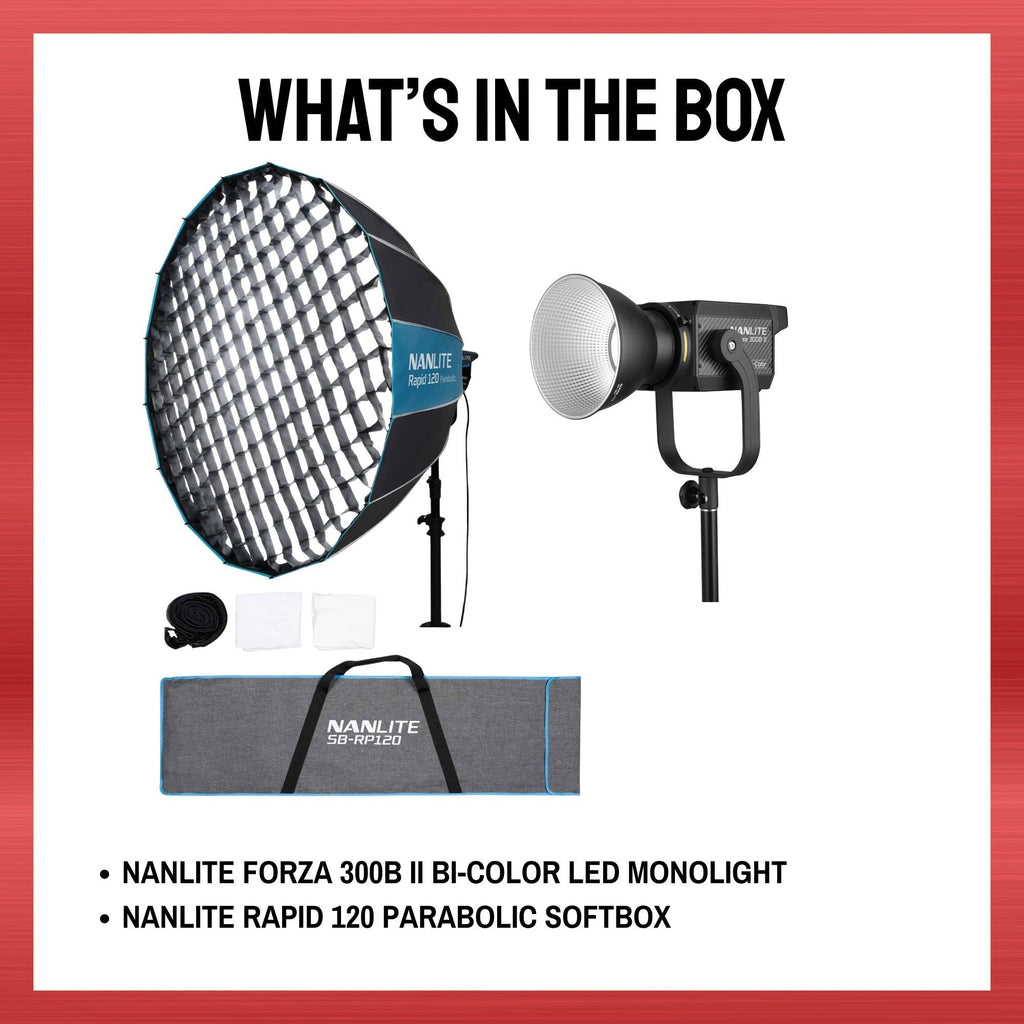 Nanlite Forza 300B II Spotlight with Nanlite Rapid 120 Parabolic Softbox Bundle
