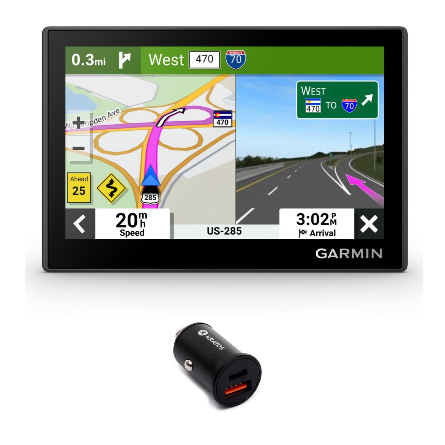 Garmin Drive 53 & Traffic GPS Navigator With Kratos Power 36W 2-Port Car Charger Bundle