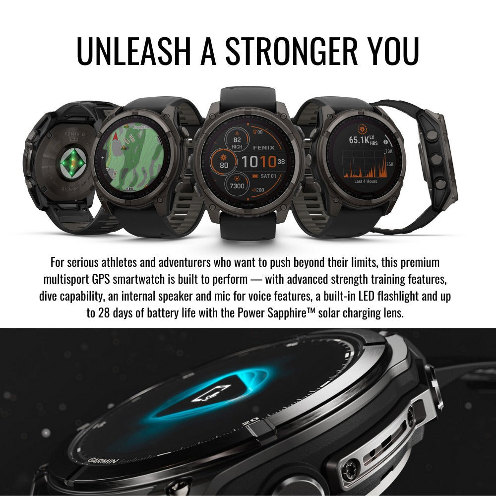 Garmin fenix 8 Sapphire Solar 47mm Smartwatch with LED Flashlight (Black and Pebble Gray) Bundle