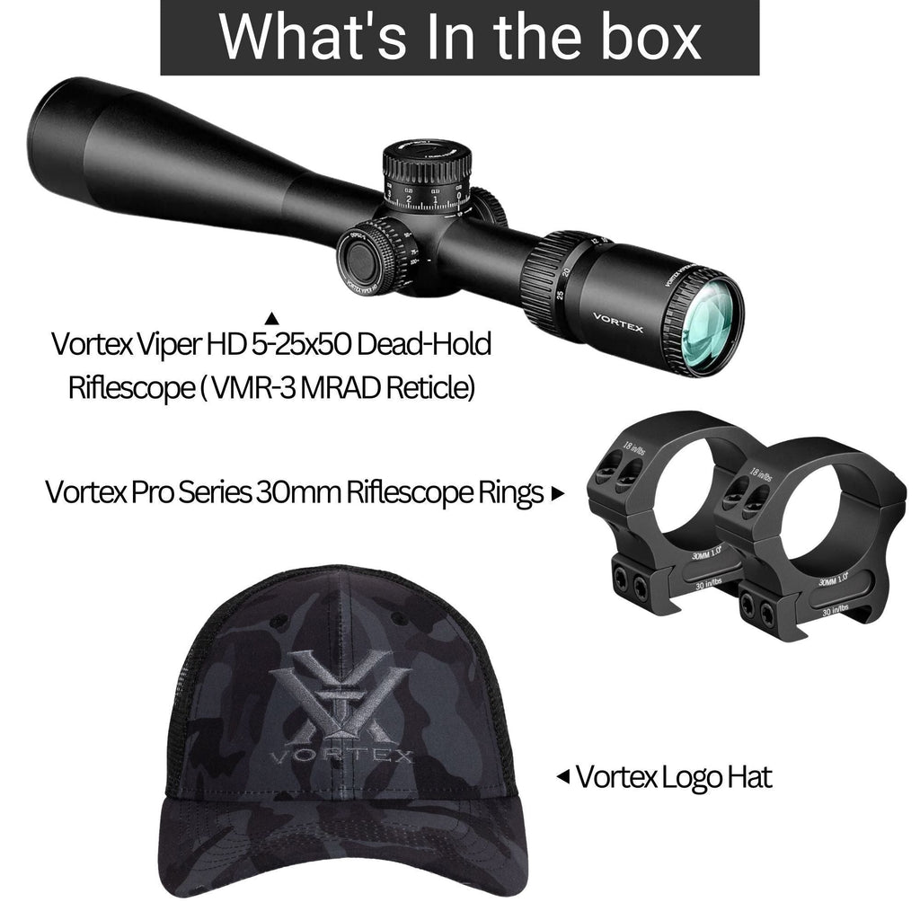 Vortex Viper HD 5-25x50 Dead-Hold Riflescope (VMR-3 MRAD Reticle) with Riflescope Rings Bundle