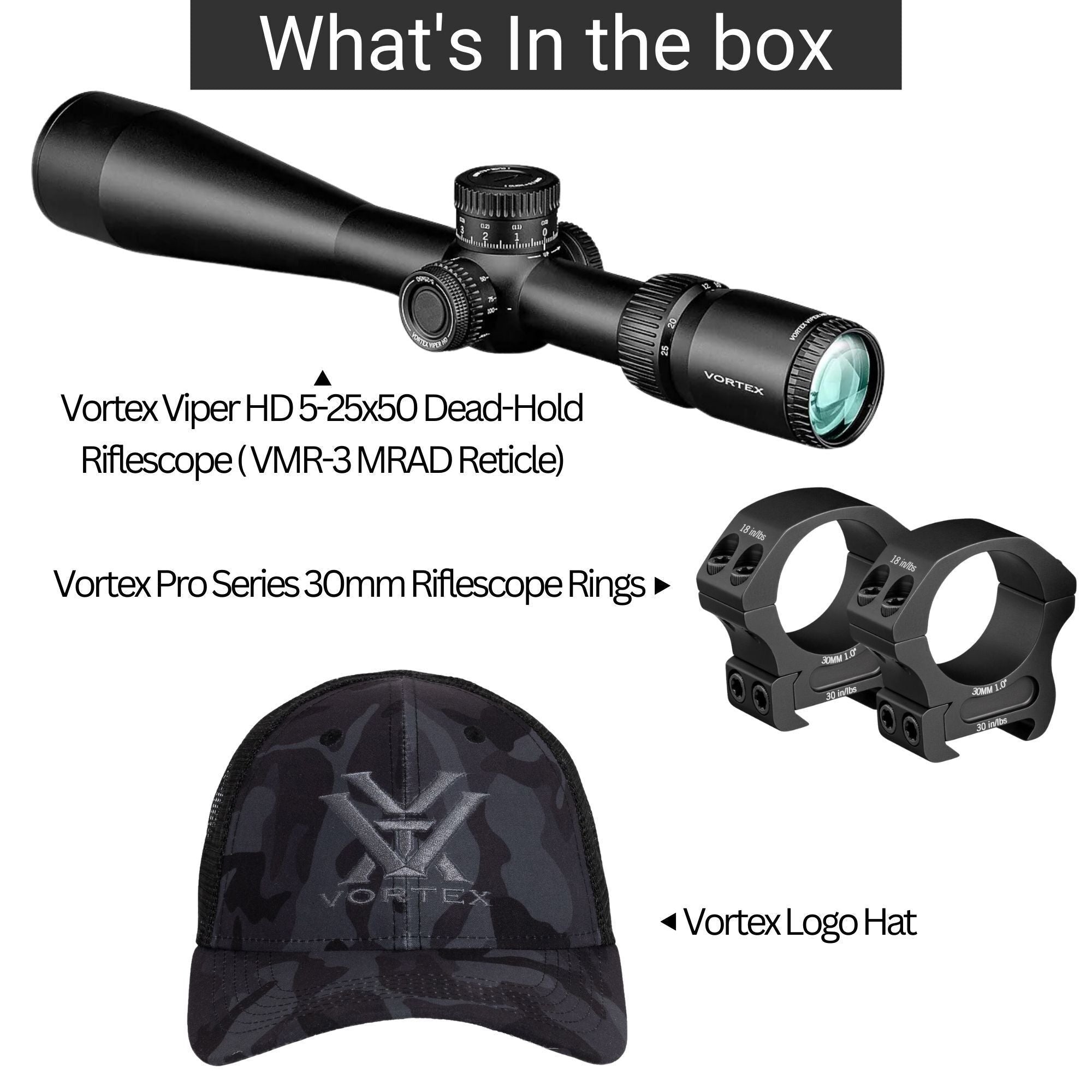 Vortex Viper HD 5-25x50 Dead-Hold Riflescope (VMR-3 MRAD Reticle) with Riflescope Rings Bundle