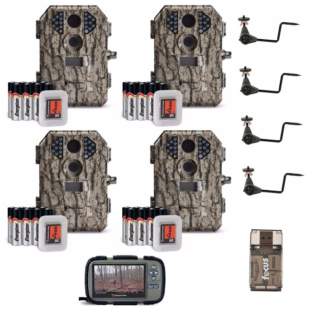 Stealth Cam P18 7 MP Compact Scouting Cameras (4-Pack) with Holders and Viewer