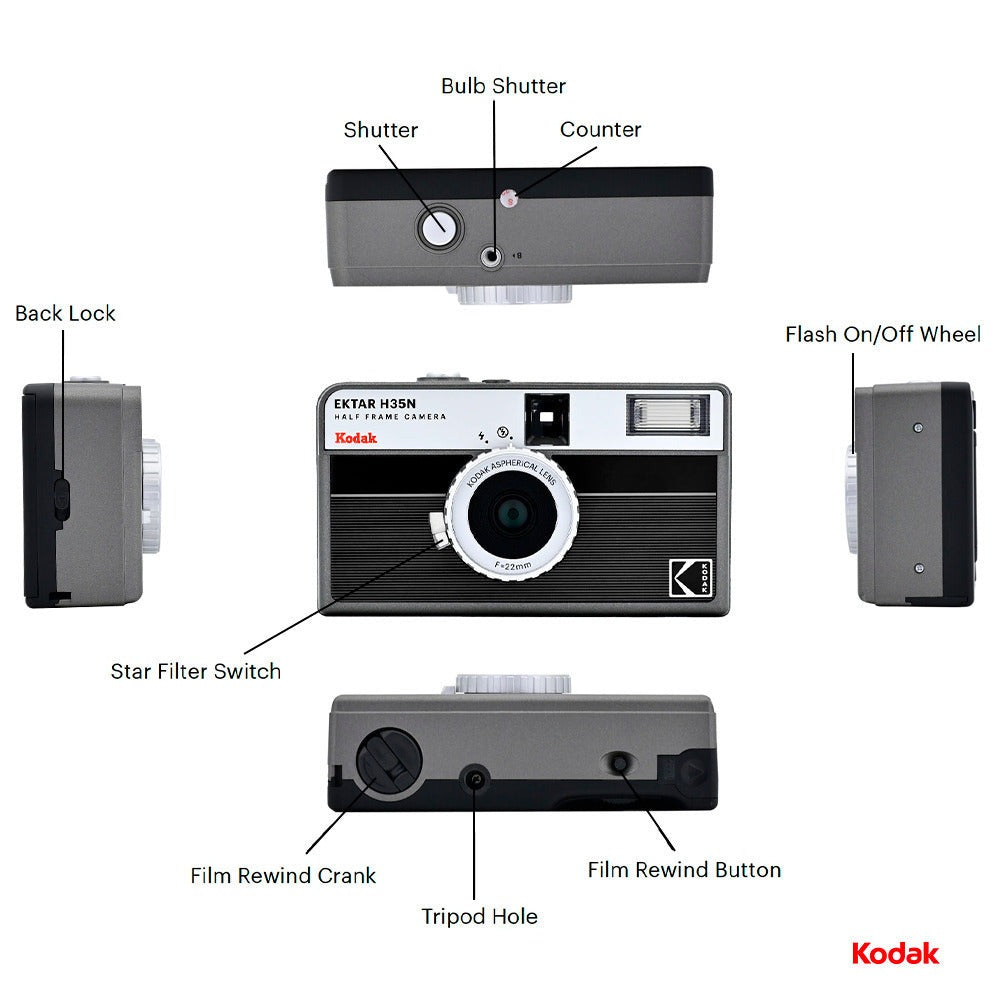 Kodak Ektar H35N 35mm Half Frame Film Camera with Star Filter and Tripod Support (Striped Black)