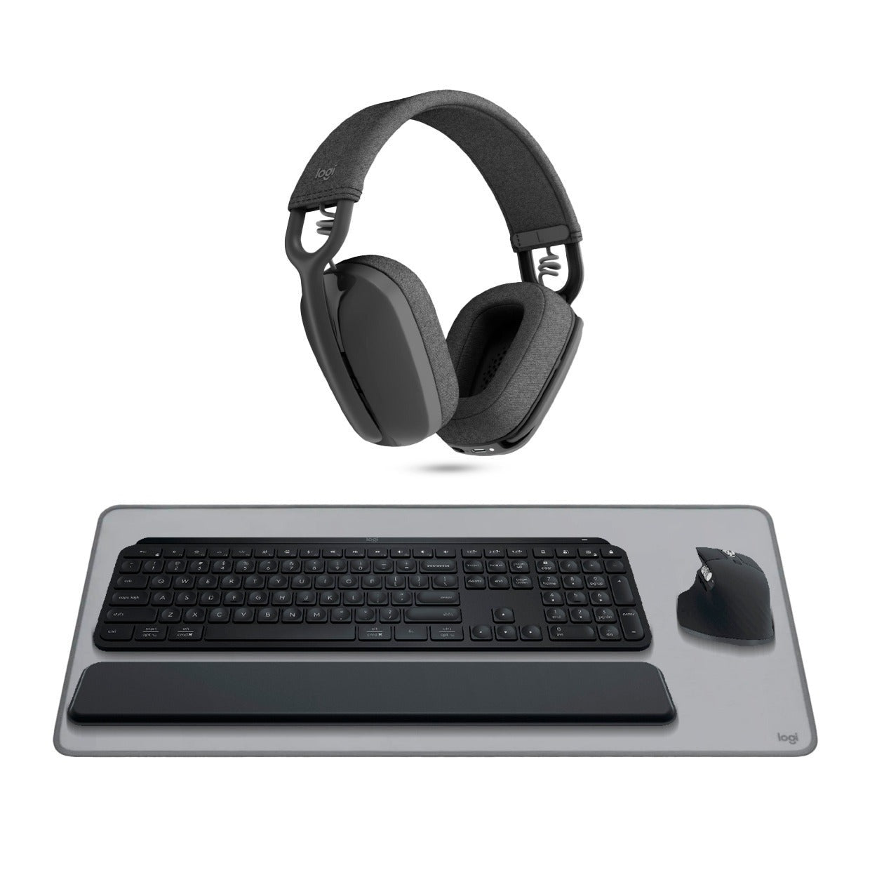 Logitech MX Keys S Keyboard and MX Master 3S Mouse Combo (Graphite) with Headphones, and Desk Mat