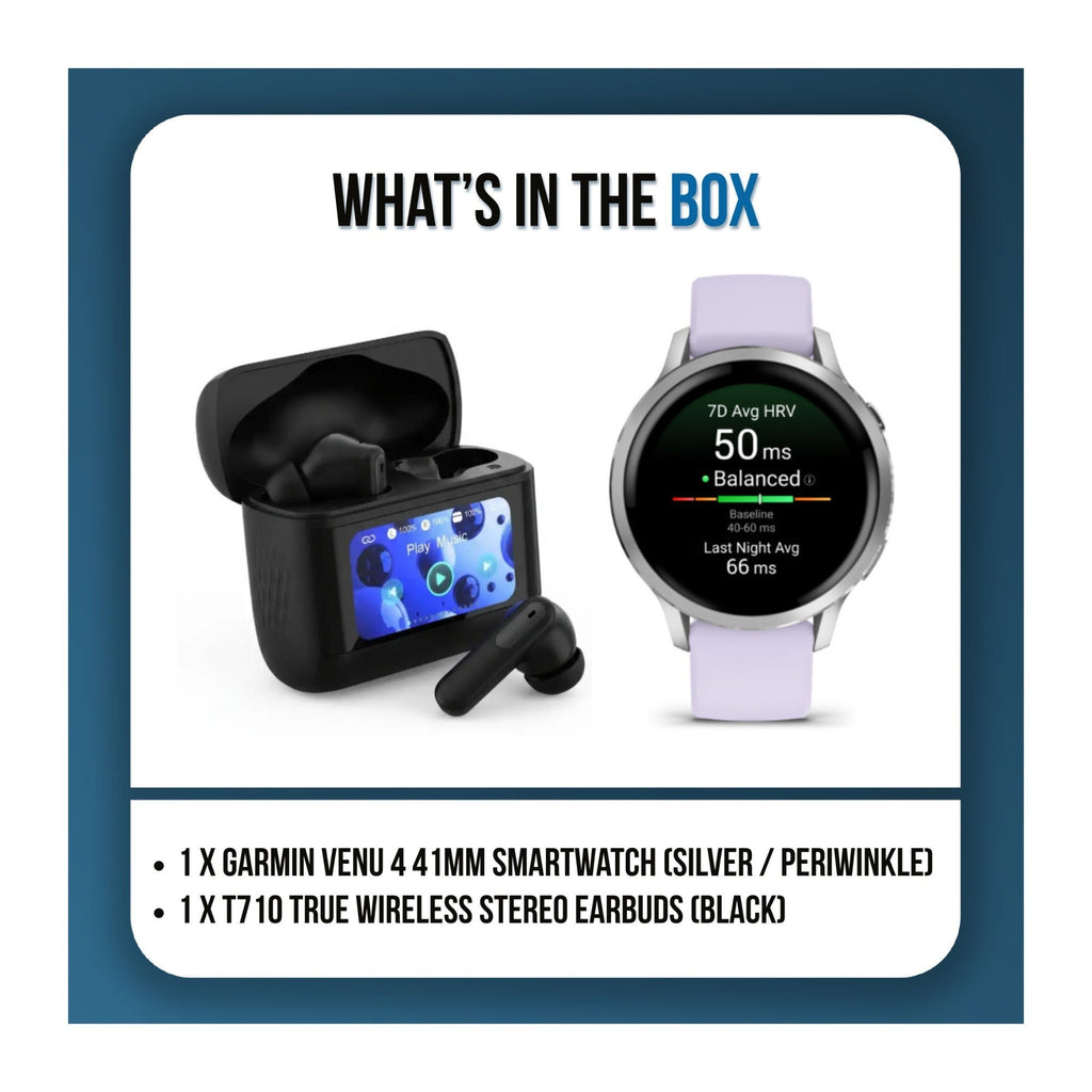 Garmin Venu 4 41mm Silver/Periwinkle Fitness Smartwatch Bundle with T710 True Wireless Earbuds