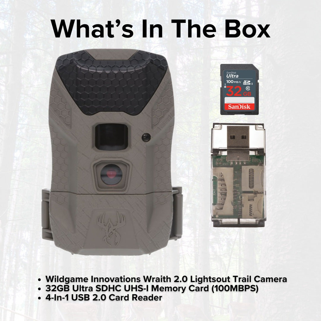 Wildgame Innovations Wraith 2.0 Lightsout Trail Camera with 40 Infrared LEDs with Memory Card Bundle