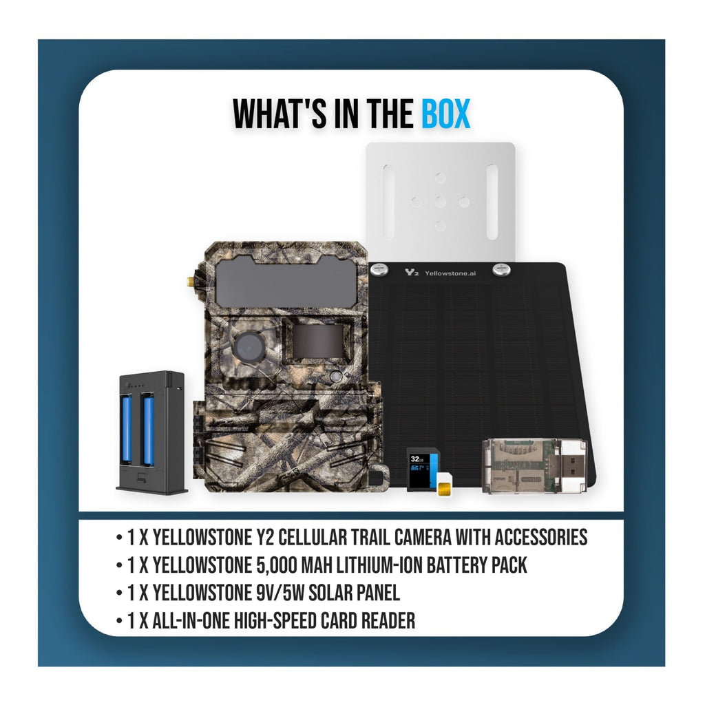 Yellowstone Y2 4G LTE Trail Camera Bundle with Battery, Solar Panel, Card Reader, and Accessories