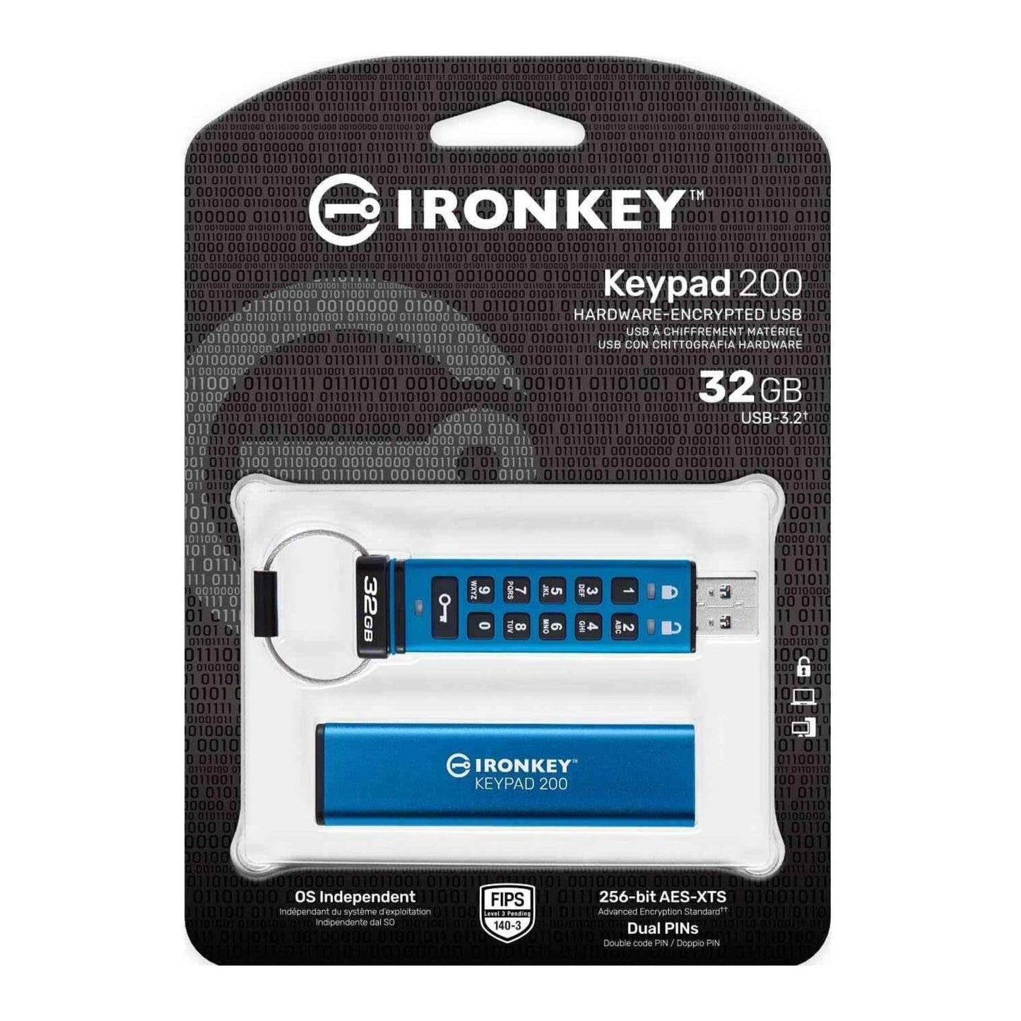 Kingston IronKey Keypad 200 Series 32GB USB-A Encrypted Flash Drive (Blue)