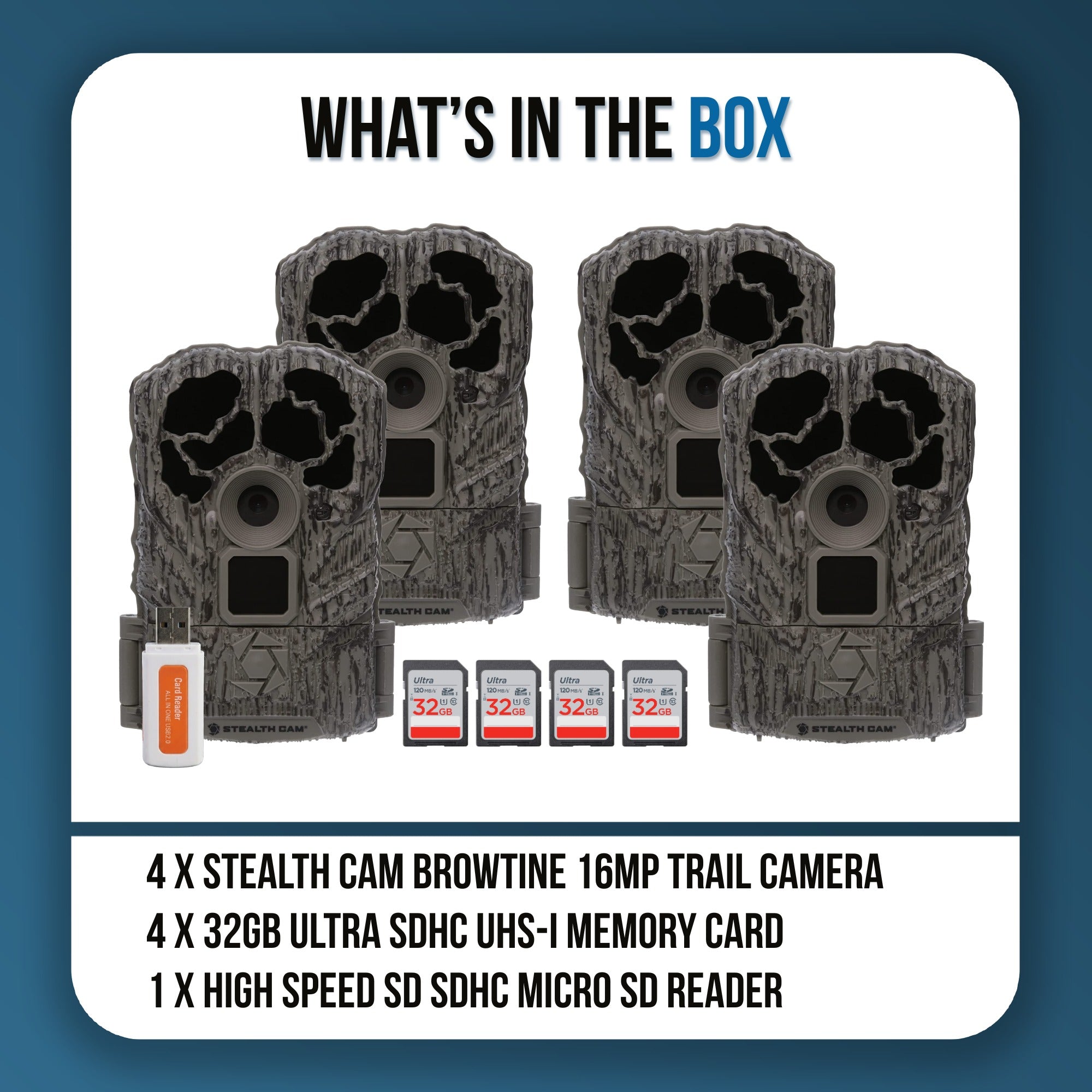 Stealth Cam Browtine Trail Camera Bundle with 32GB Memory Card and Card Reader (4-Pack, 9 Items)