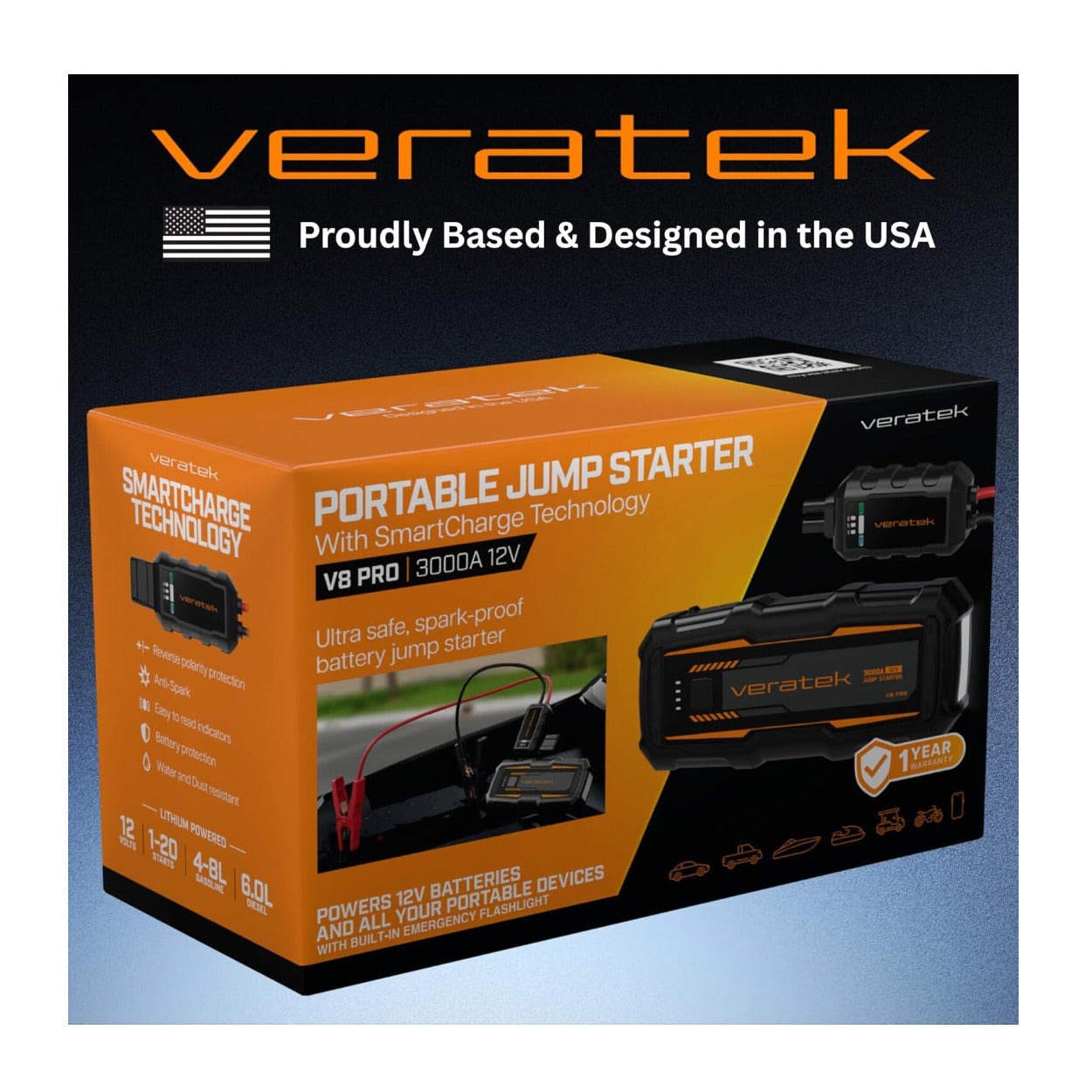 Veratek V8 Pro 3000A Jump Starter 20,000mAh 12V Battery Booster Pack
