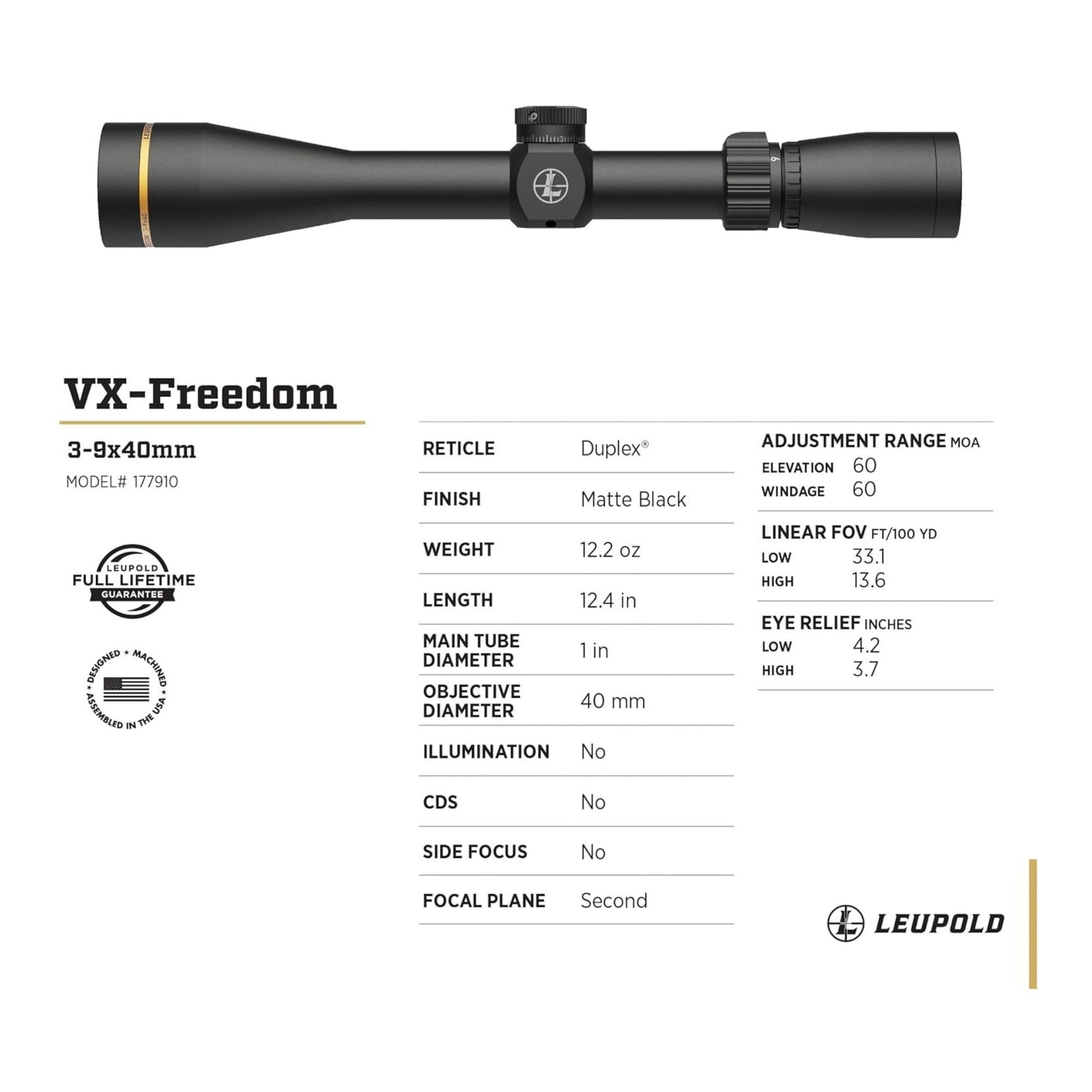 Leupold VX-Freedom 3-9x40mm Riflescope 350 Legend (Matte Black)