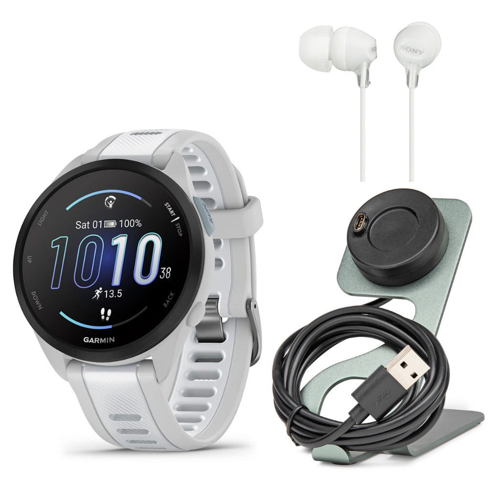 Garmin Forerunner 165 GPS Running Smartwatch (Mist Gray-Whitestone) with Charger Stand Bundle
