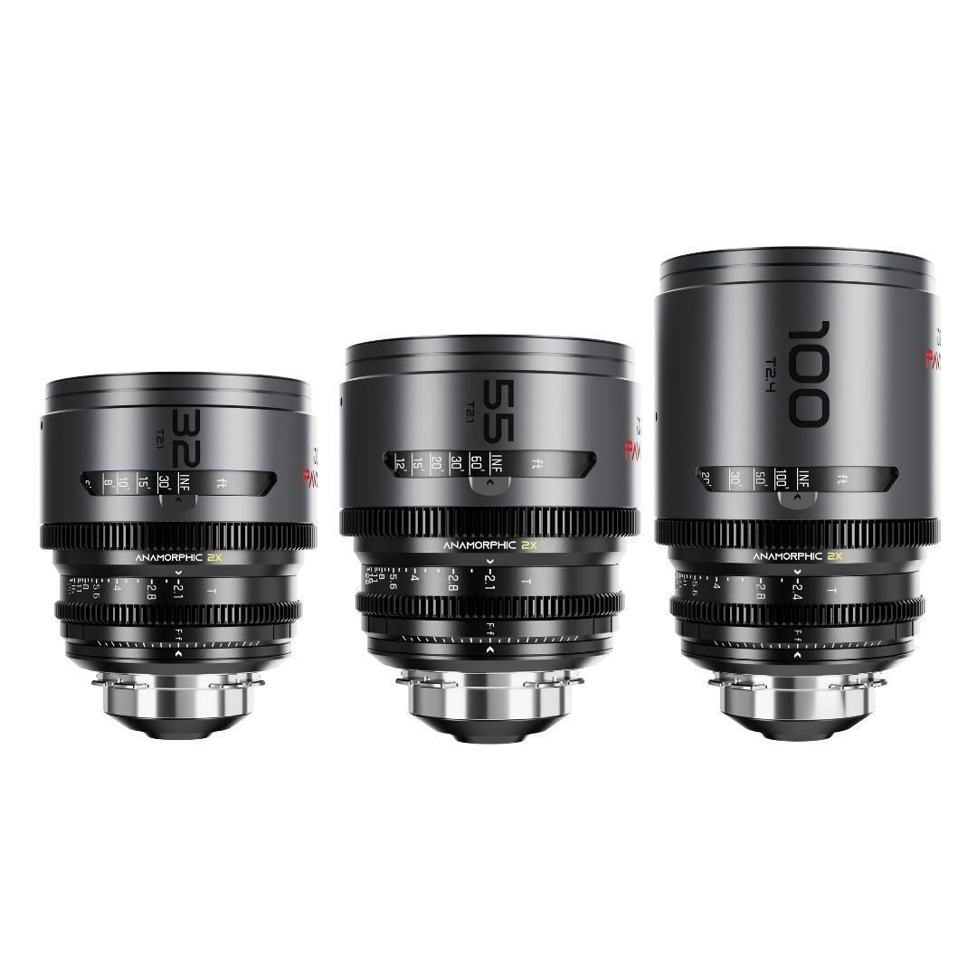 DZOFilm Pavo 2x Anamorphic T2.1 and T2.4 3-Lens Set with Neutral Coating (Space Gray and Black)