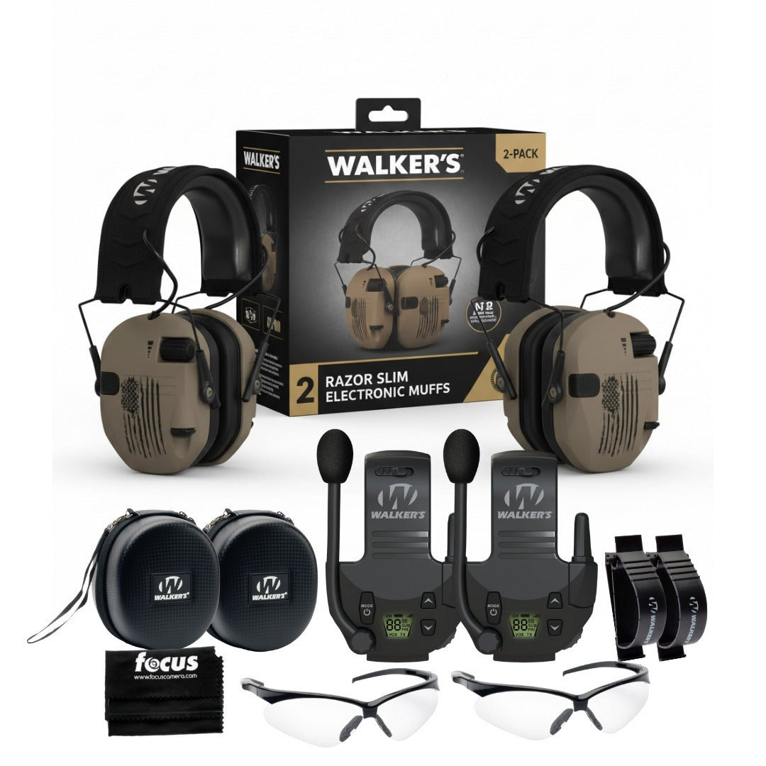 Walker's Razor Walkie Talkie Bundle with Ear Muff (US Flag-FDE) and Accessories