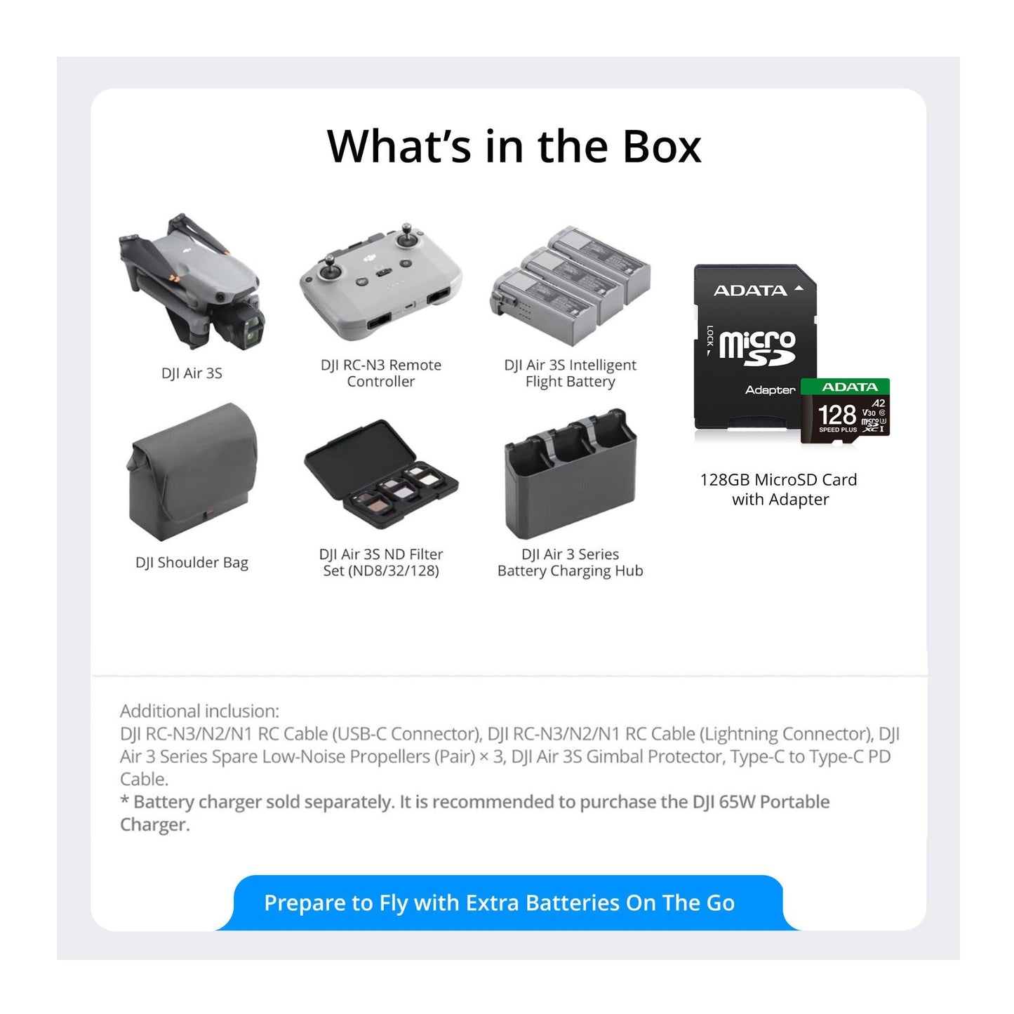 DJI Air 3S Dual Camera Drone Fly More Combo with 128GB microSDXC UHS I Class 10 A2 V30 Memory Card