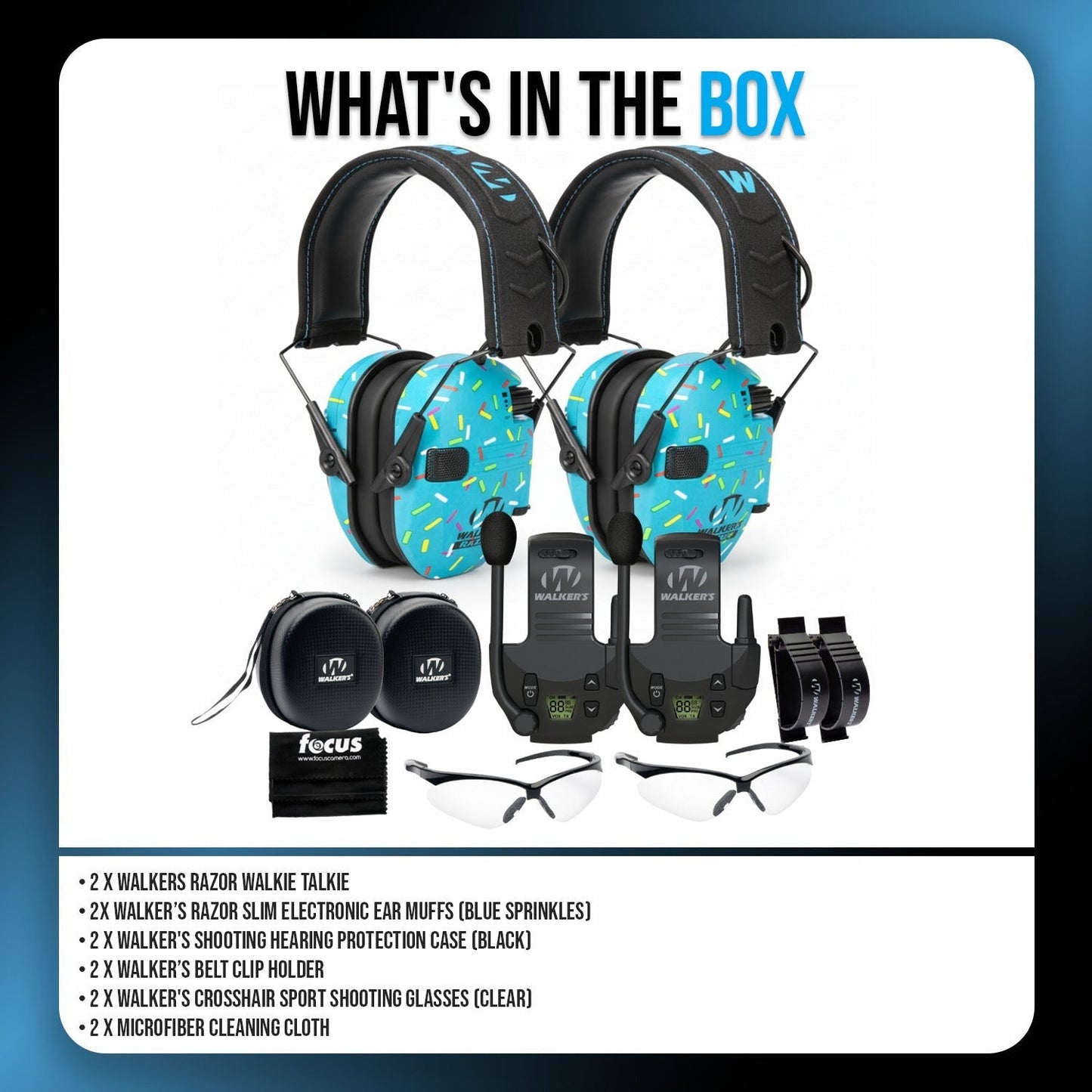 Walker's Razor Slim Electronic Muff (Blue, 2-Pack) Bundle with Accessories