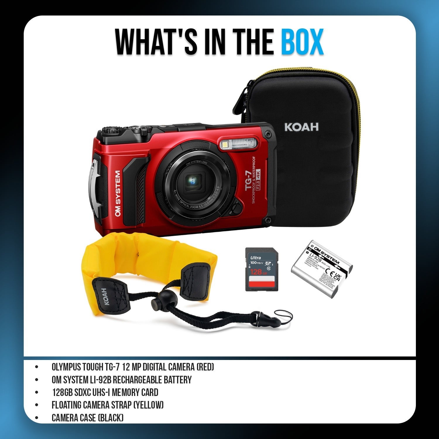 OM SYSTEM Tough TG-7 Digital Camera (Red) Bundle with 128GB Memory Card, Battery and Accessories