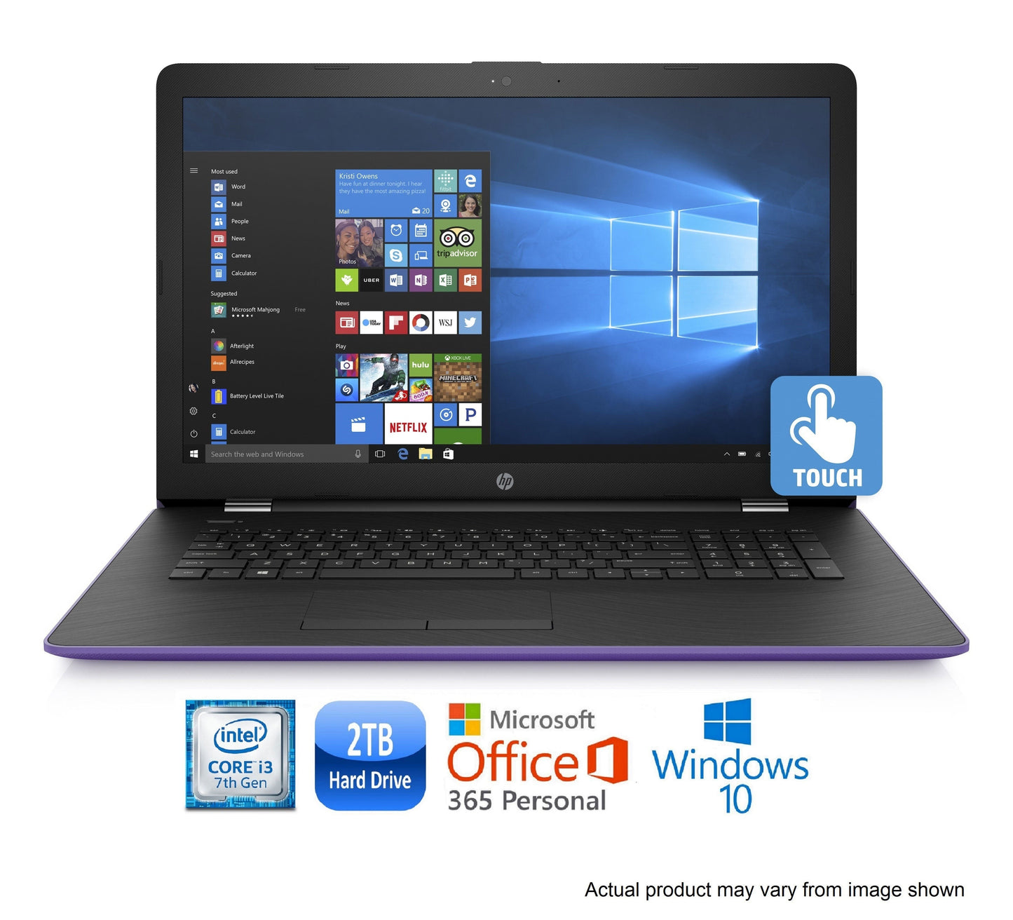 HP 15-bs008cy 15.6" HD Touch Laptop, Intel Core i3-7100U, 2TB HDD, Amethyst Purple (Refurbished)