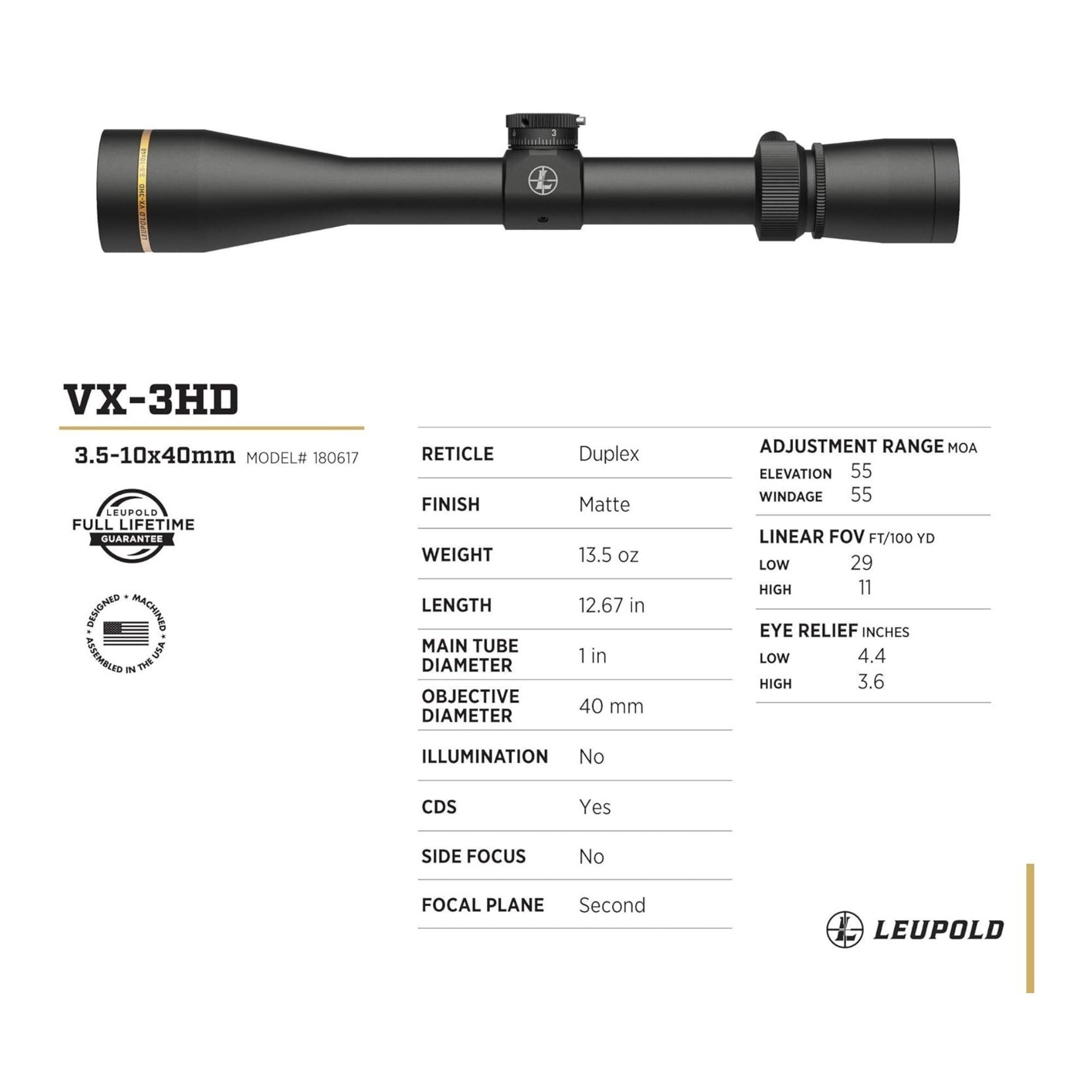 Leupold VX-3HD 3.5-10x40mm Riflescope (Matte Black)