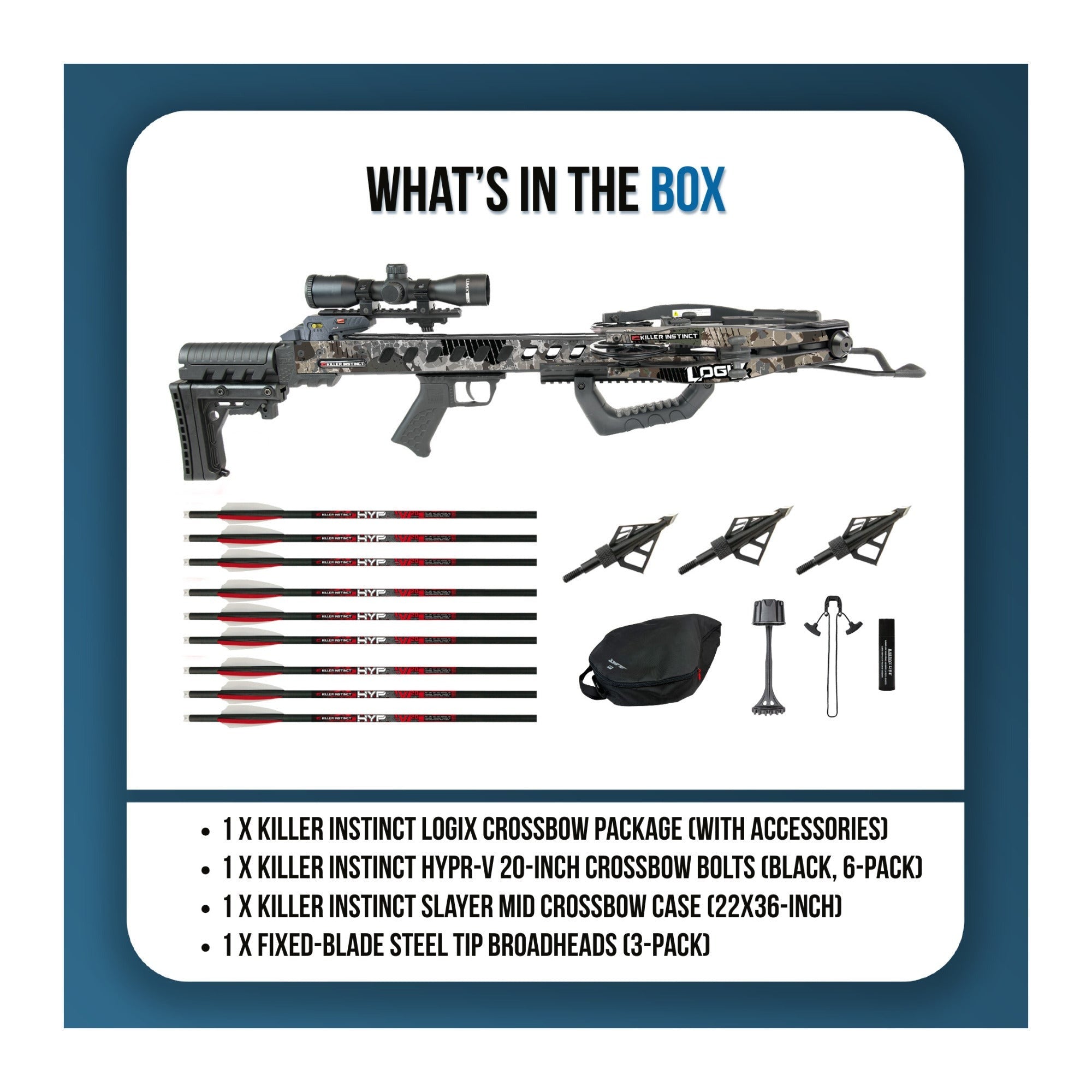 Killer Instinct LogiX 435 FPS Crossbow Bundle with HYPR-V 20-Inch Bolts, Case, and Broadheads
