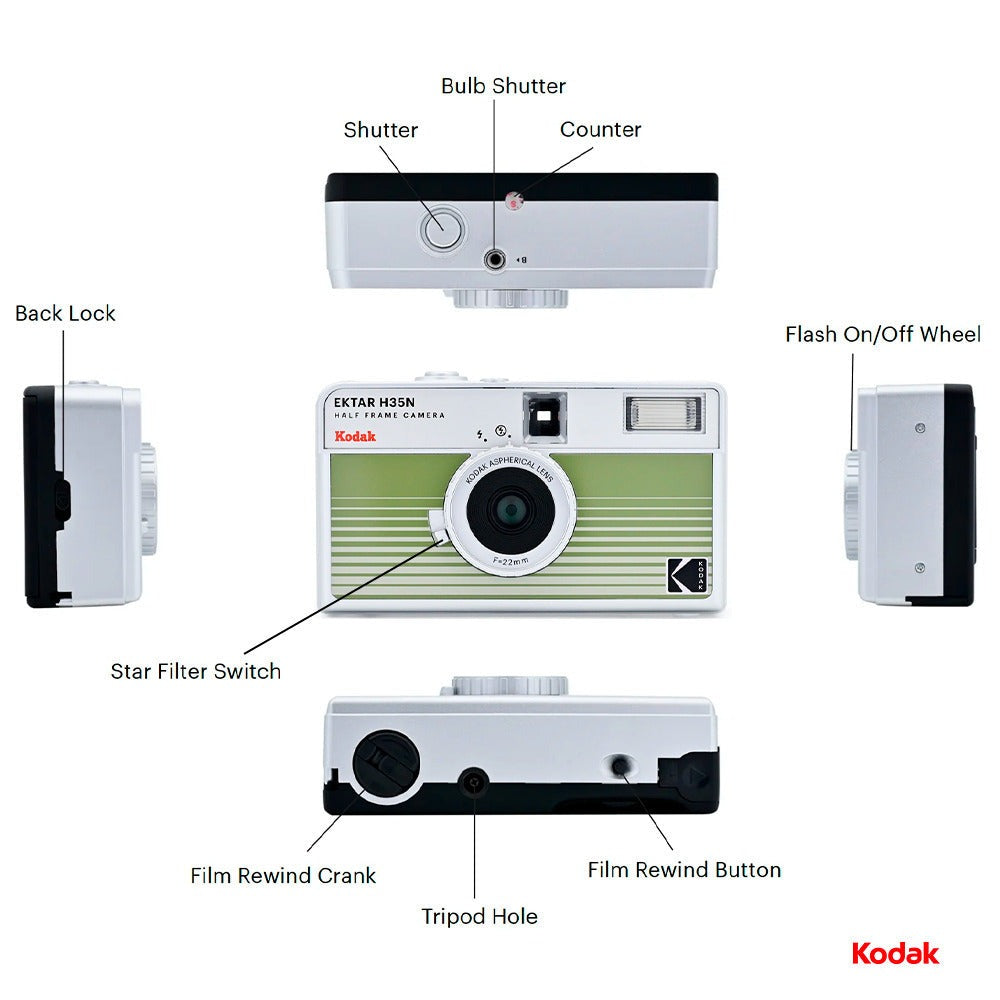 Kodak Ektar H35N 35mm Half Frame Film Camera with Star Filter and Tripod Support (Striped Green)
