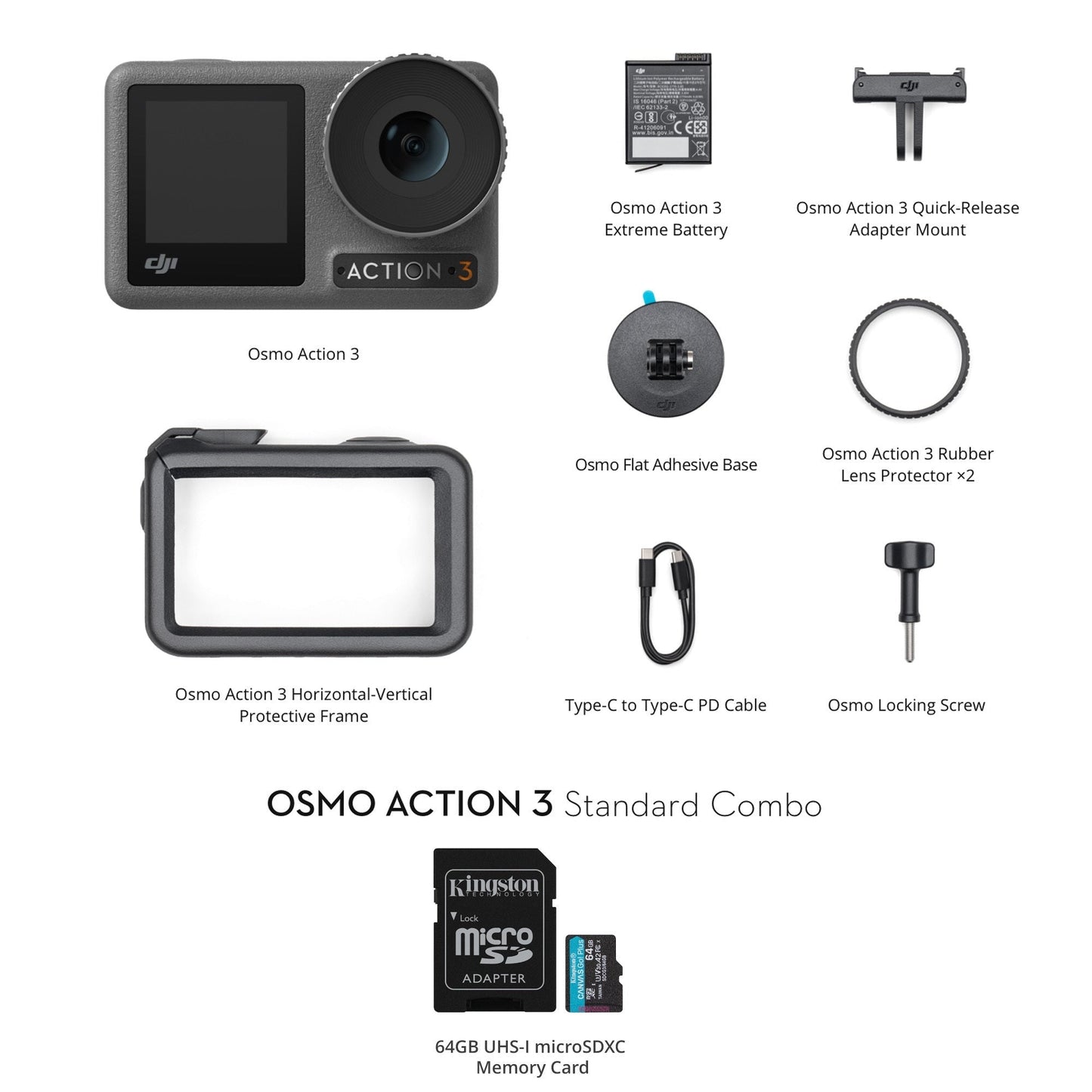 DJI Osmo Action 3 Standard Combo with 64GB MicroSD Card - Outdoor Action Camera with 4K HDR