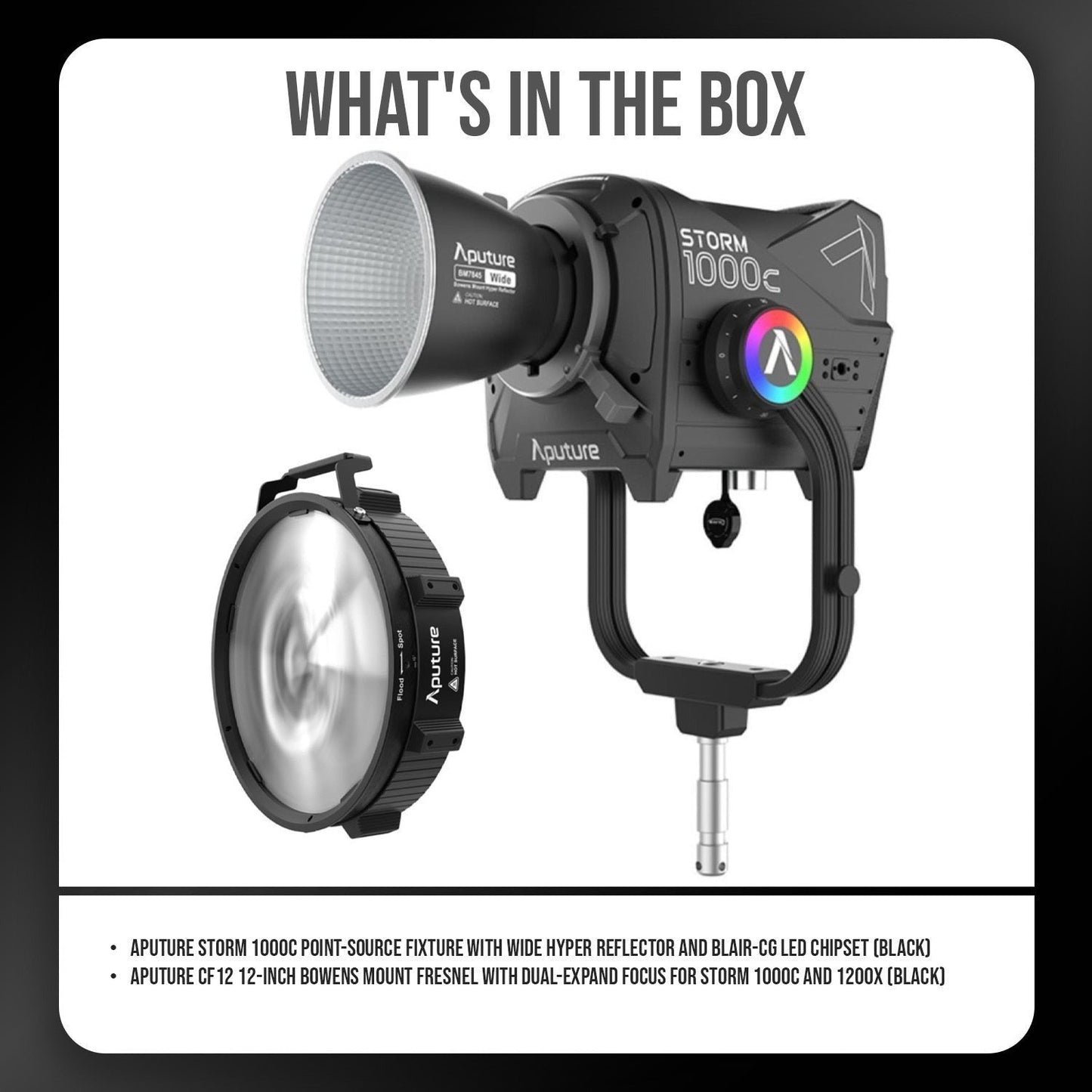 Aputure Storm 1000c Point-Source Fixture with Wide Hyper Reflector (Black) with Fresnel Bundle