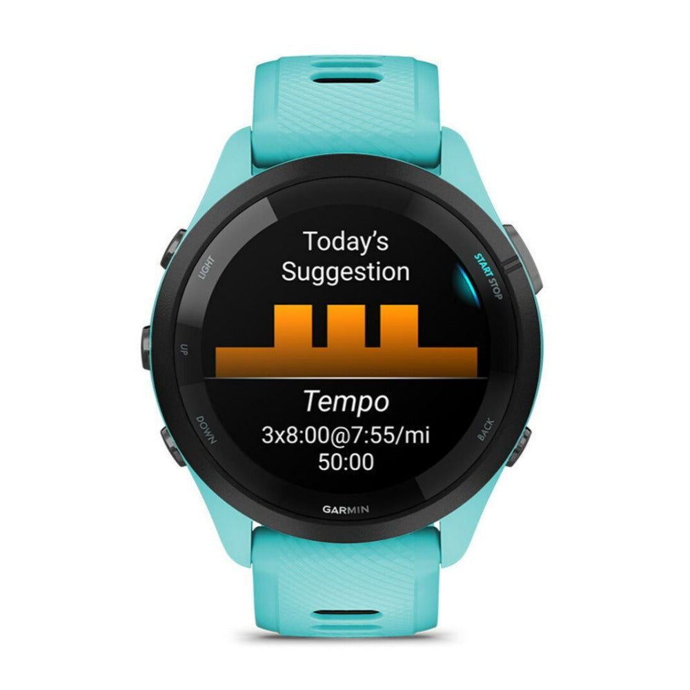 Garmin Forerunner 265 GPS Running Smartwatch (Aqua) with Charger Stand and Port Protection Plugs