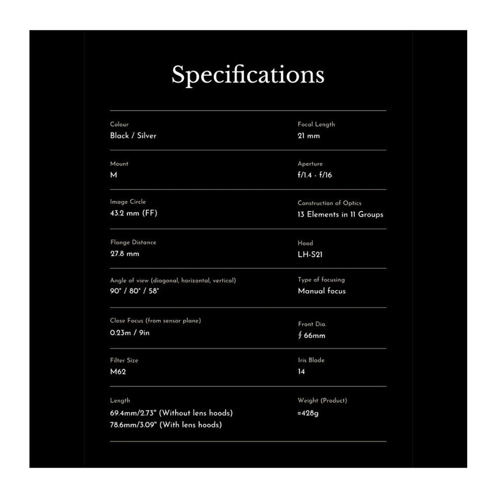 Thypoch Simera 21mm f/1.4 Full-frame Prime Camera Lens with Manual Focus (Leica M Mount, Silver)