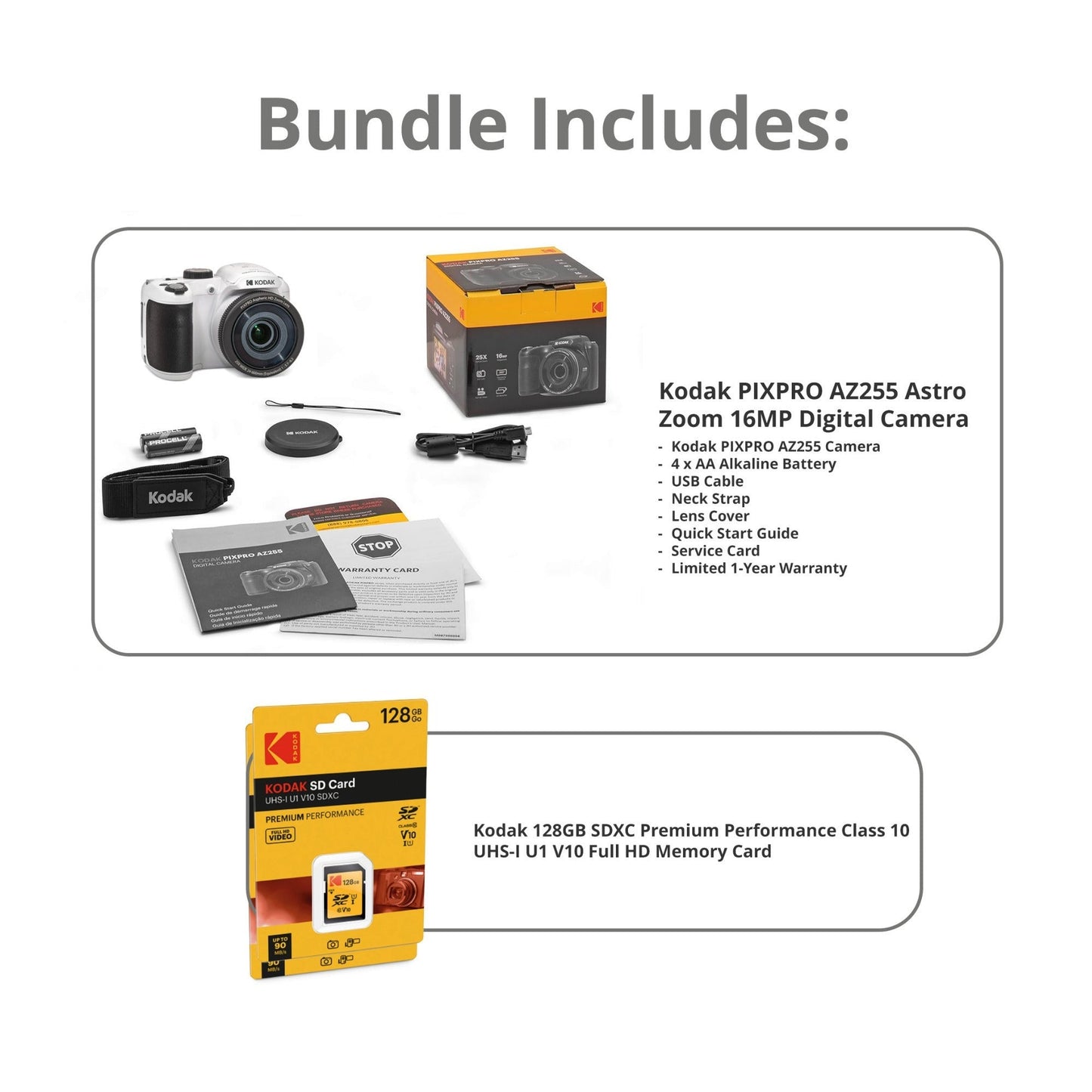 Kodak PIXPRO AZ255 Astro Zoom 16MP Digital Camera (White) with 128GB SDXC Card