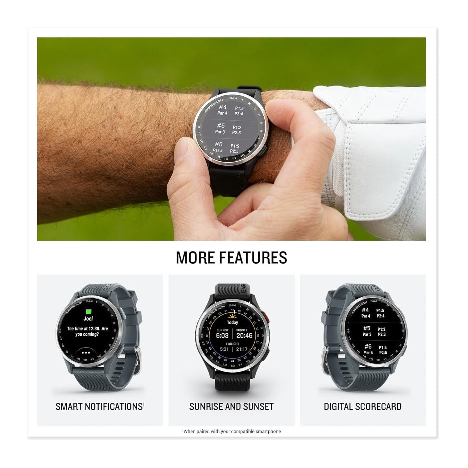 Garmin Approach S44 GPS Golf Smartwatch (Silver Bezel/Black Band) Bundle with T710 Earbuds