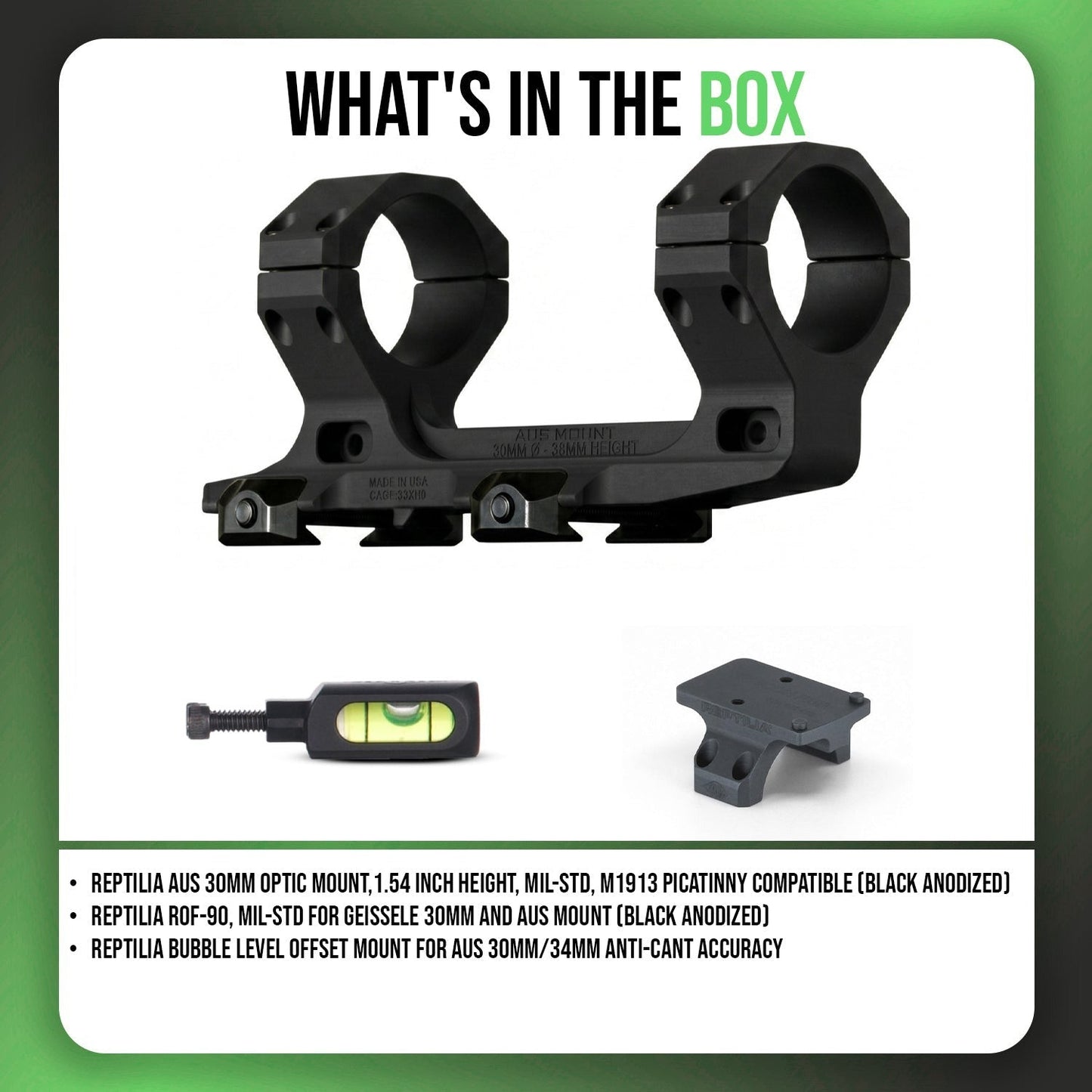 Reptilia AUS 30mm Optic Mount 1.54 inch MIL-STD Bundle with ROF-90 and Bubble Level Offset Mount