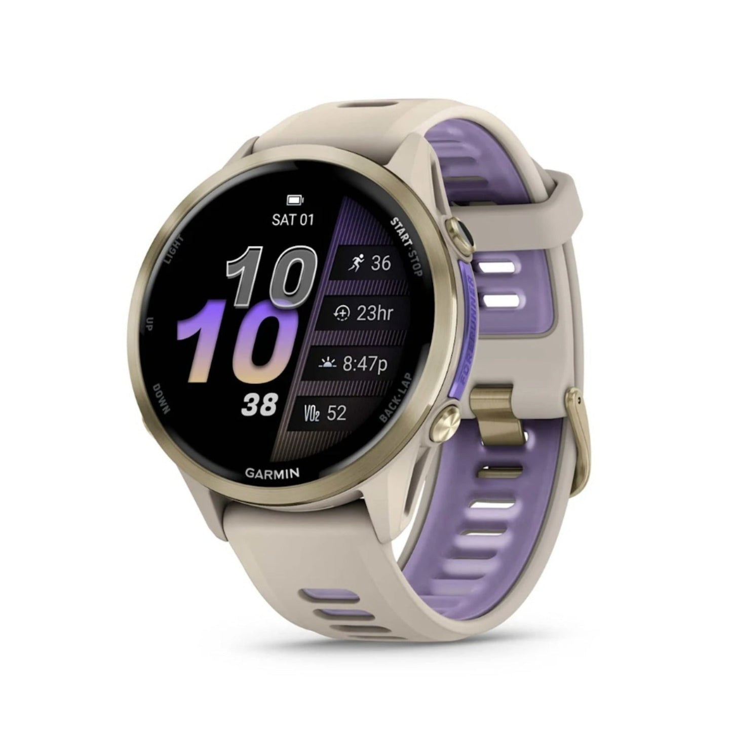 Garmin Forerunner 970 Soft Gold Titanium with French Gray Case and Indigo Band