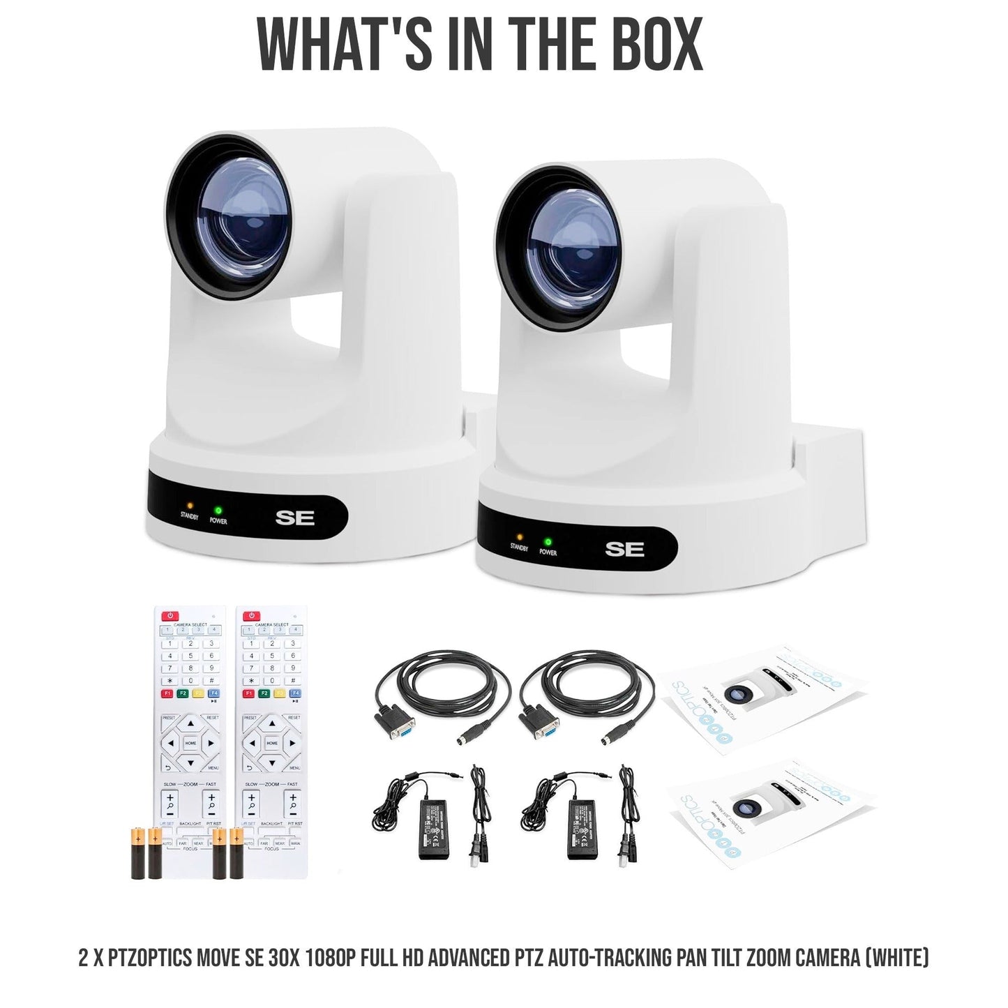 PTZOptics Move SE 30x 1080p PTZ Auto-Tracking Pan Tilt Zoom Camera Bundle (White, 2-Pack)