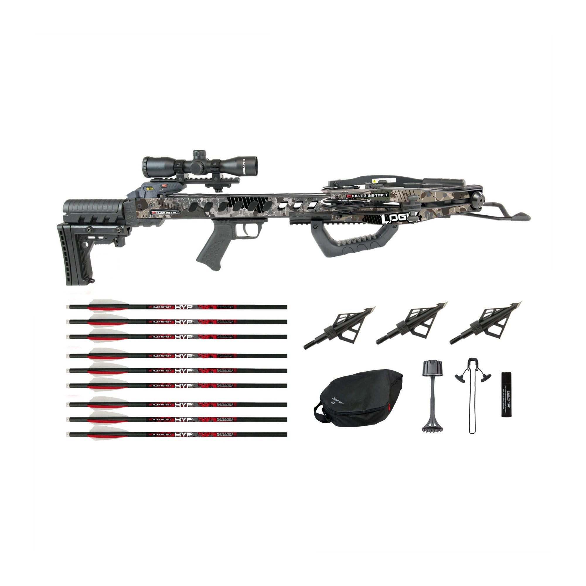 Killer Instinct LogiX 435 FPS Crossbow Bundle with HYPR-V 20-Inch Bolts, Case, and Broadheads