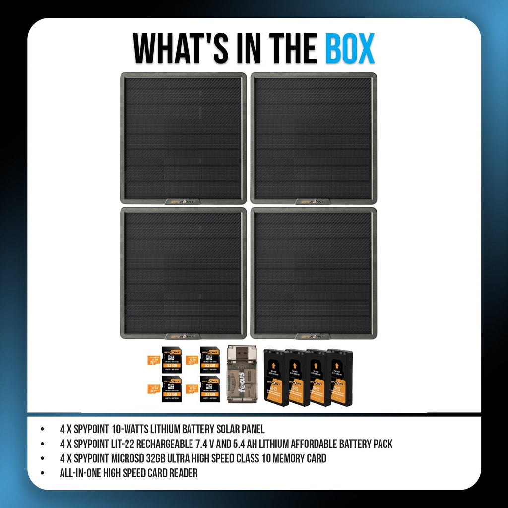 Spypoint 10W Solar Panel (4-Pack) with Battery Pack, Memory Card and Card Reader Bundle