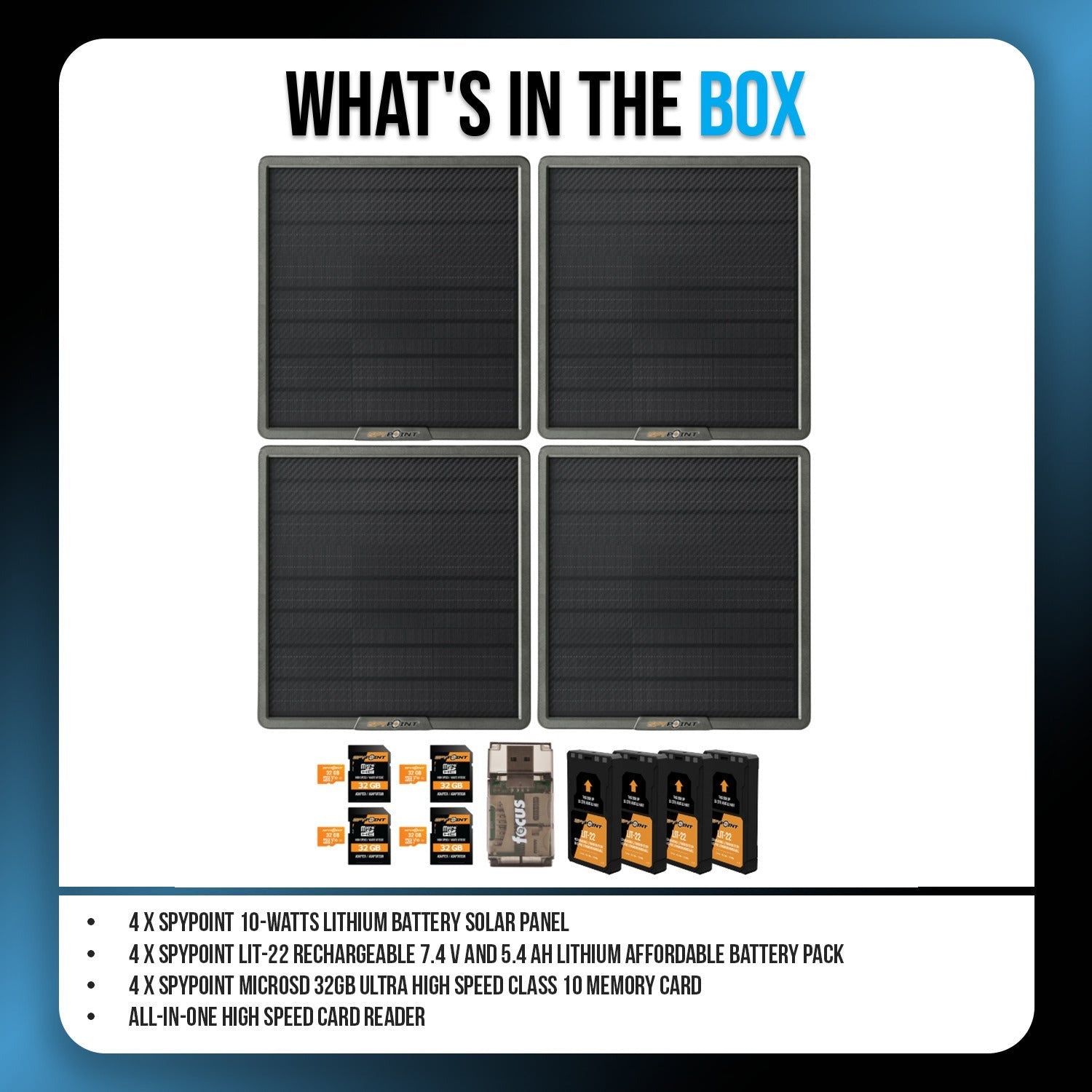 Spypoint 10W Solar Panel (4-Pack) with Battery Pack, Memory Card and Card Reader Bundle