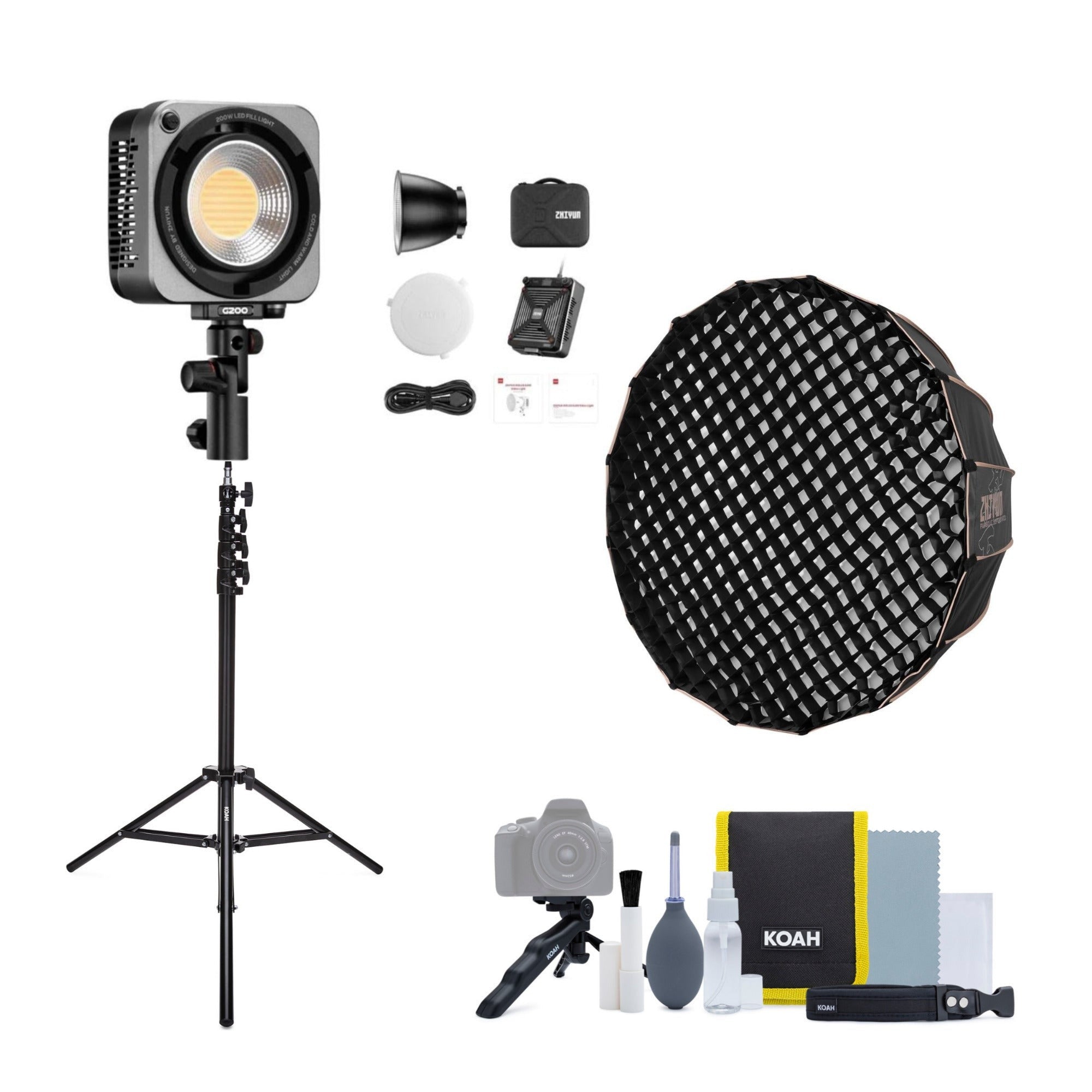 Zhiyun MOLUS G200 Bi-Color LED Monolight with Parabolic Softbox 90D and Air-Cushion Stand Bundle