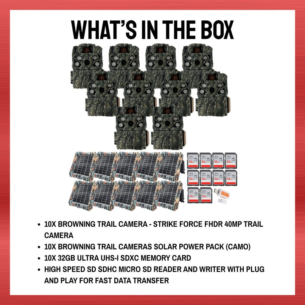 Browning Strike Force FHDR 40MP Trail Camera (10 Pack) Bundle with Solar Power Pack and Accessories