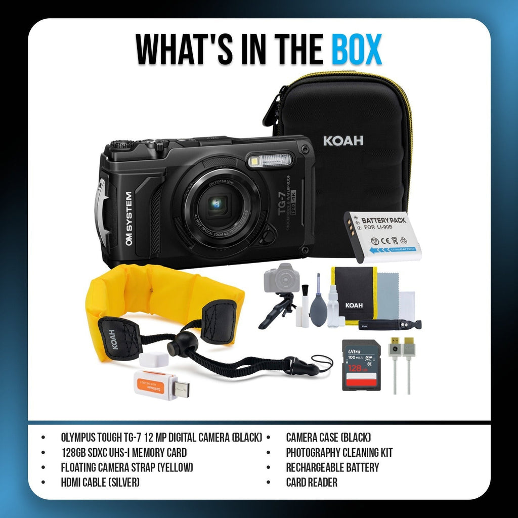 OM SYSTEM Tough TG-7 Digital Camera (Black) Bundle with 128GB Card, HDMI Cable & Accessories
